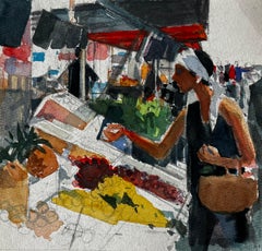 Woman Selecting Fruit at Market Stall French Riviera Watercolour Study