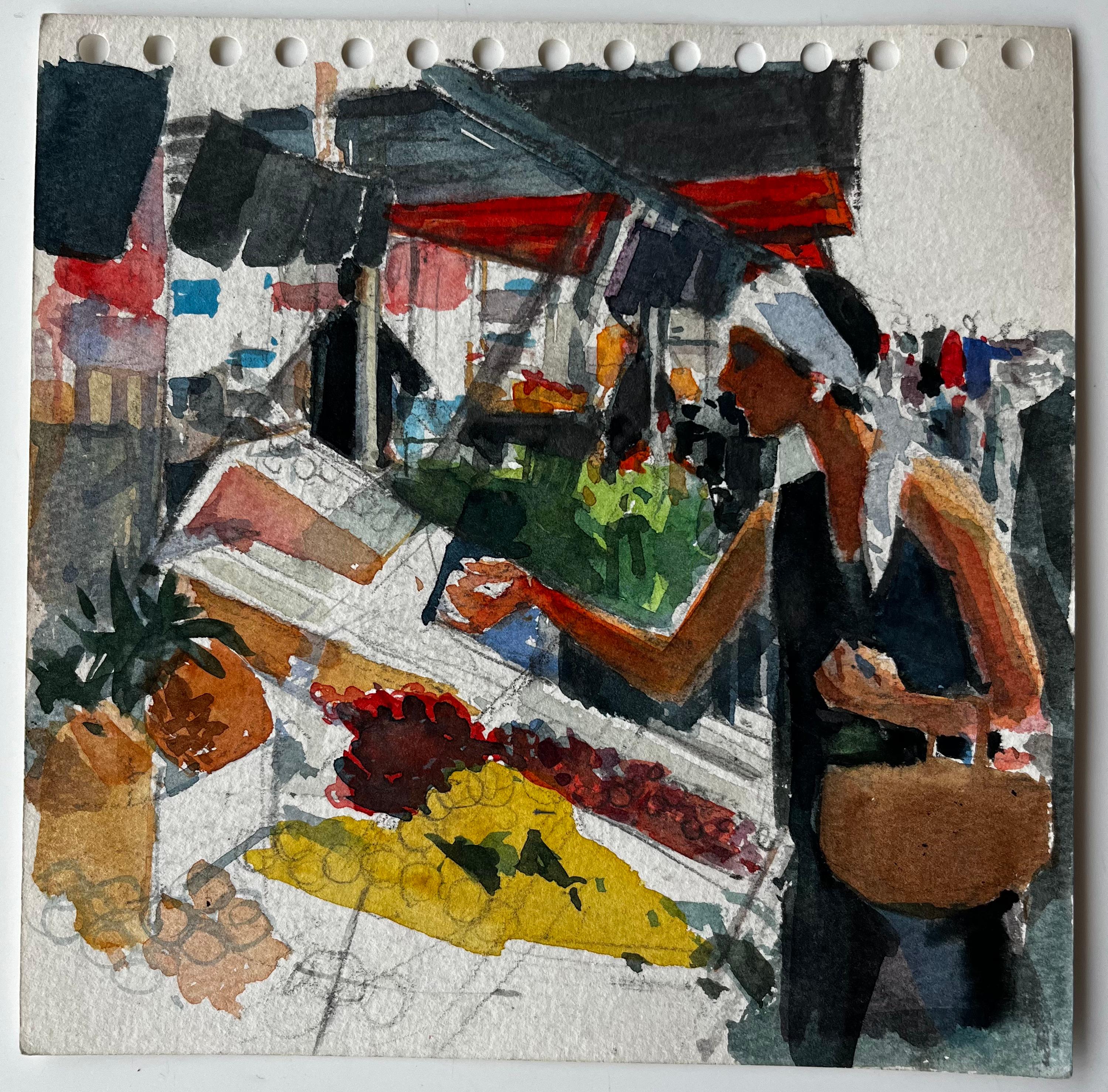 Woman Selecting Fruit at Market Stall French Riviera Watercolour Study - Painting by Pierre Neveu