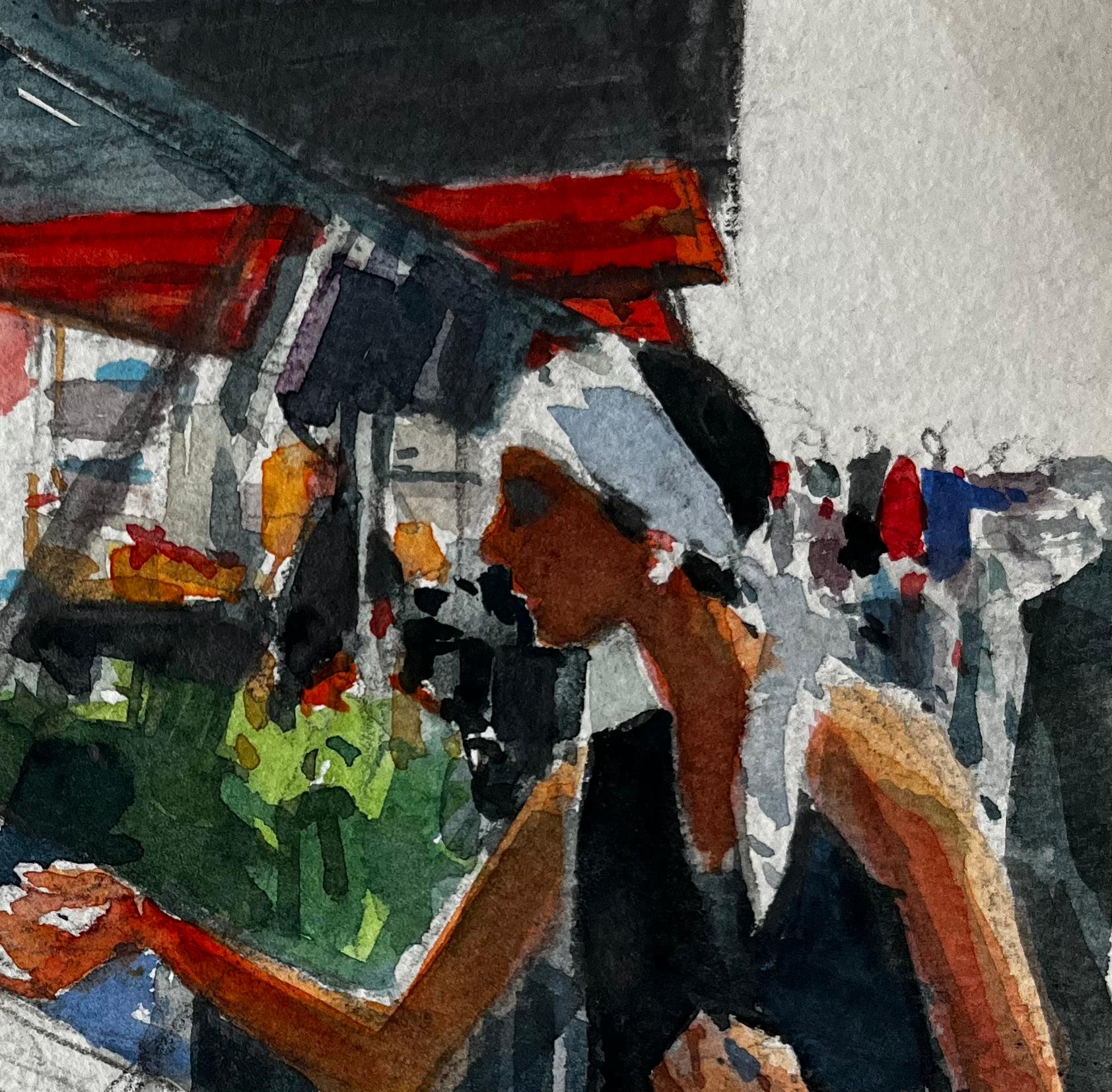 Woman Selecting Fruit at Market Stall French Riviera Watercolour Study For Sale 1