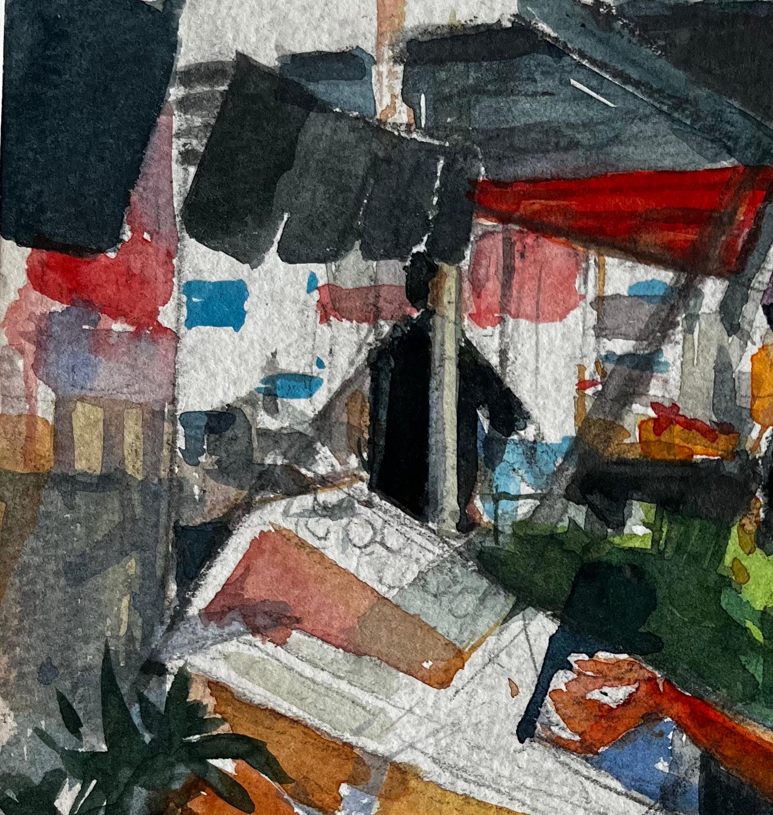 Title: Woman Selecting Fruit at Market Stall French Riviera Watercolour Study
Artist: Pierre Neveu (French b.1929)
Medium: Watercolour on artists paper, unframed
Size (H x W): 7.75 x 7.75 inches
Condition: good overall; light edge wear consistent