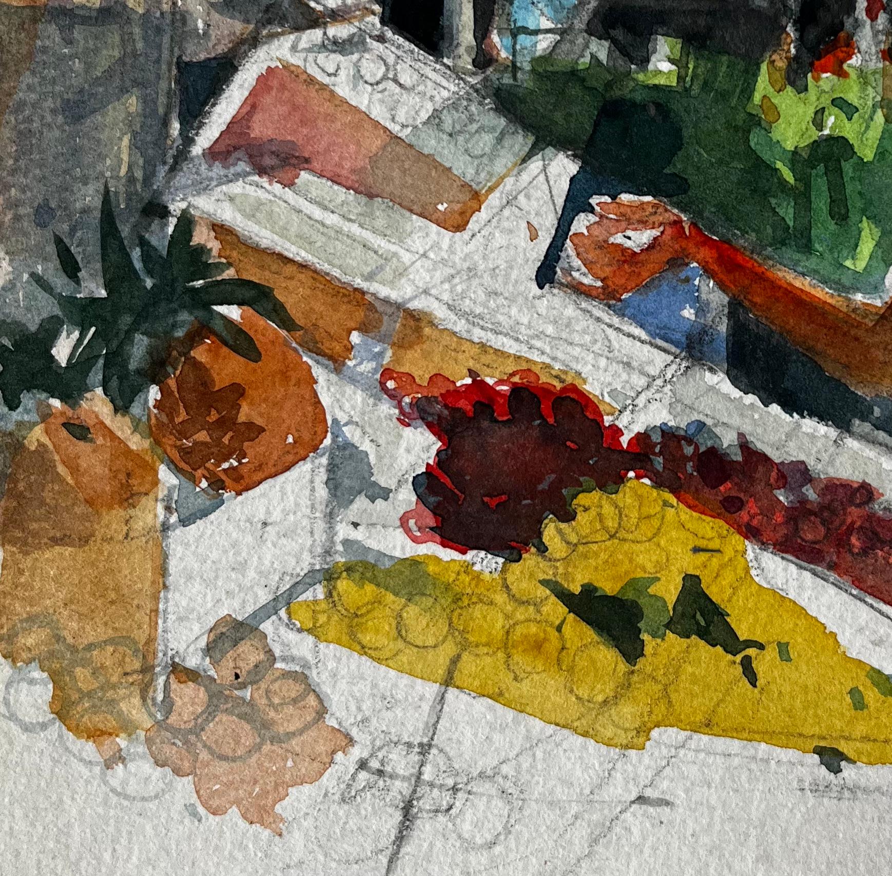 Woman Selecting Fruit at Market Stall French Riviera Watercolour Study - Black Figurative Painting by Pierre Neveu