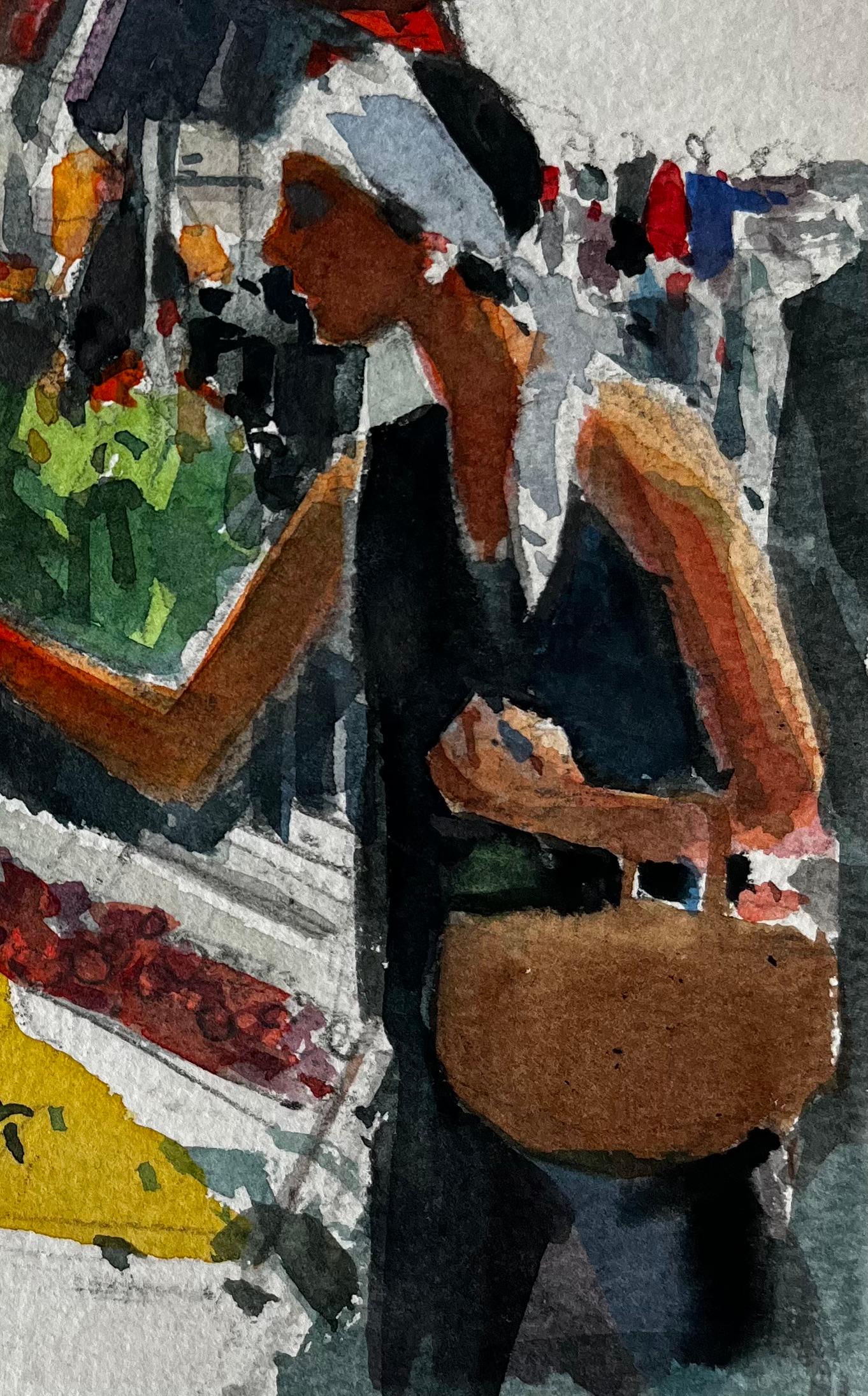 Woman Selecting Fruit at Market Stall French Riviera Watercolour Study - Post-Impressionist Painting by Pierre Neveu