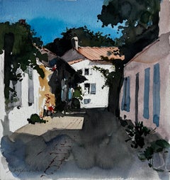 Sunlit Street and Whitewashed Houses in Noirmoutier French Coastal Village Study