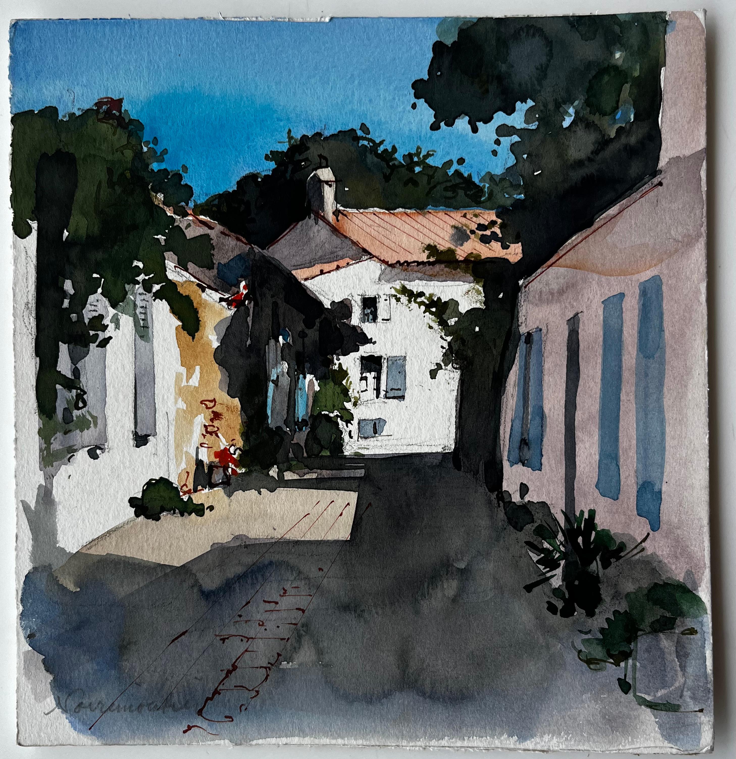 Strada illuminata dal sole e case imbiancate a Noirmoutier Studio sul villaggio costiero francese - Painting di Pierre Neveu