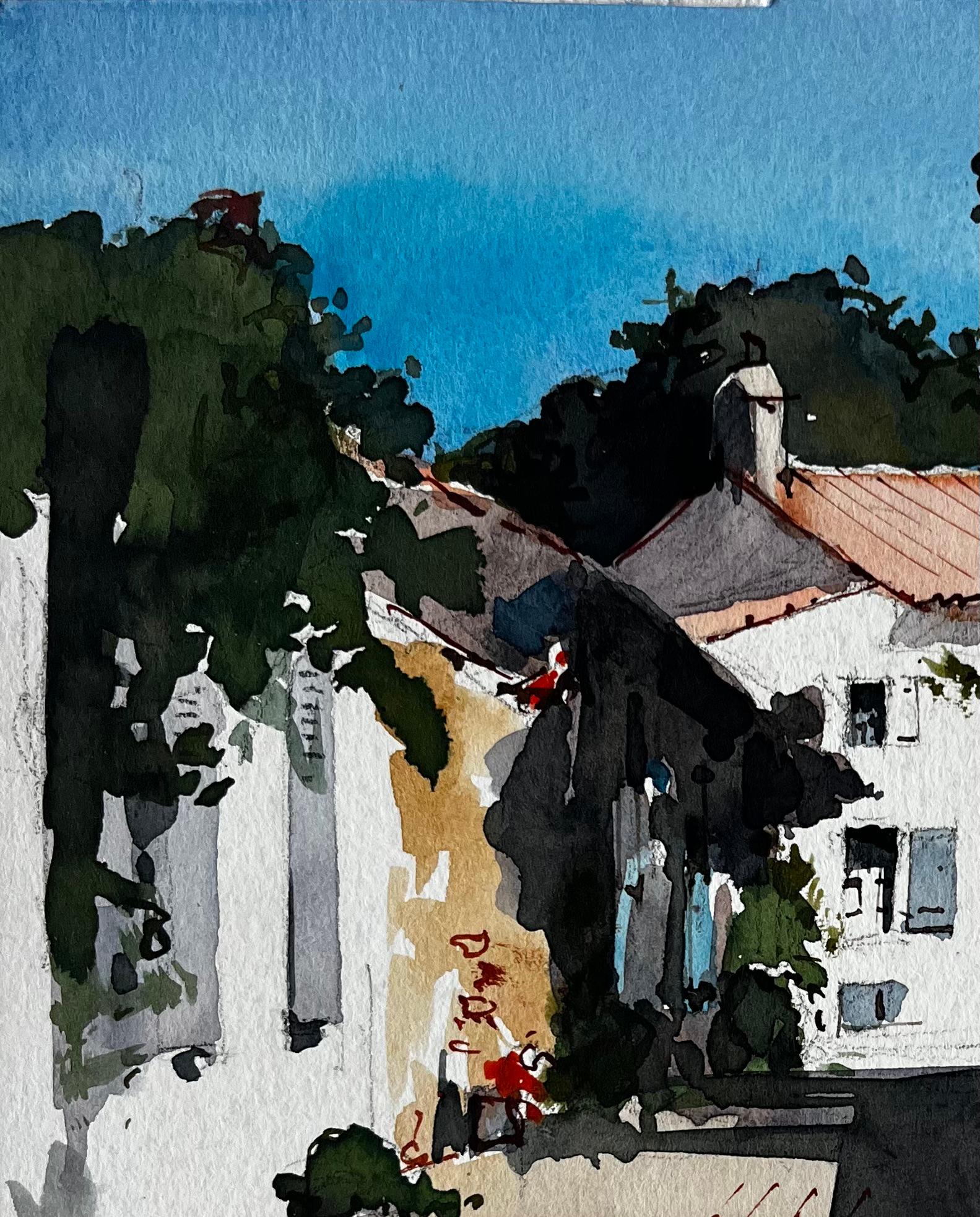 Strada illuminata dal sole e case imbiancate a Noirmoutier Studio sul villaggio costiero francese - Painting Postimpressionismo di Pierre Neveu