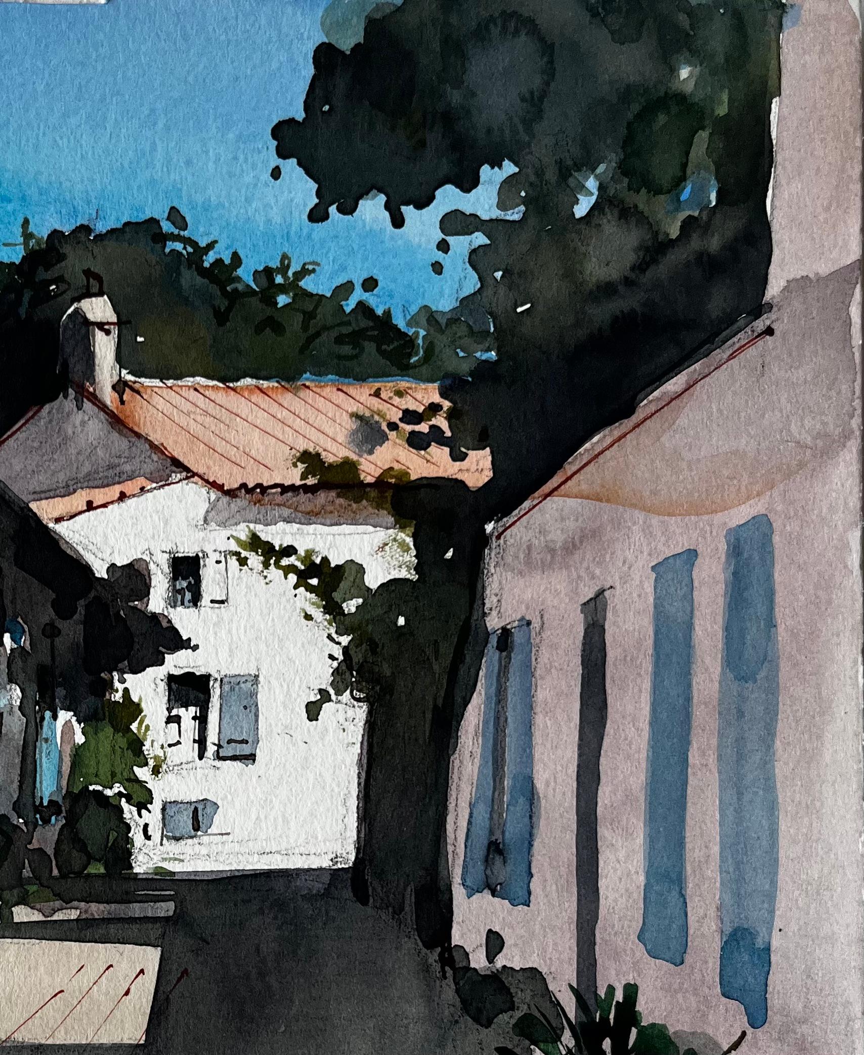 Strada illuminata dal sole e case imbiancate a Noirmoutier Studio sul villaggio costiero francese - Figurative Painting Nero di Pierre Neveu