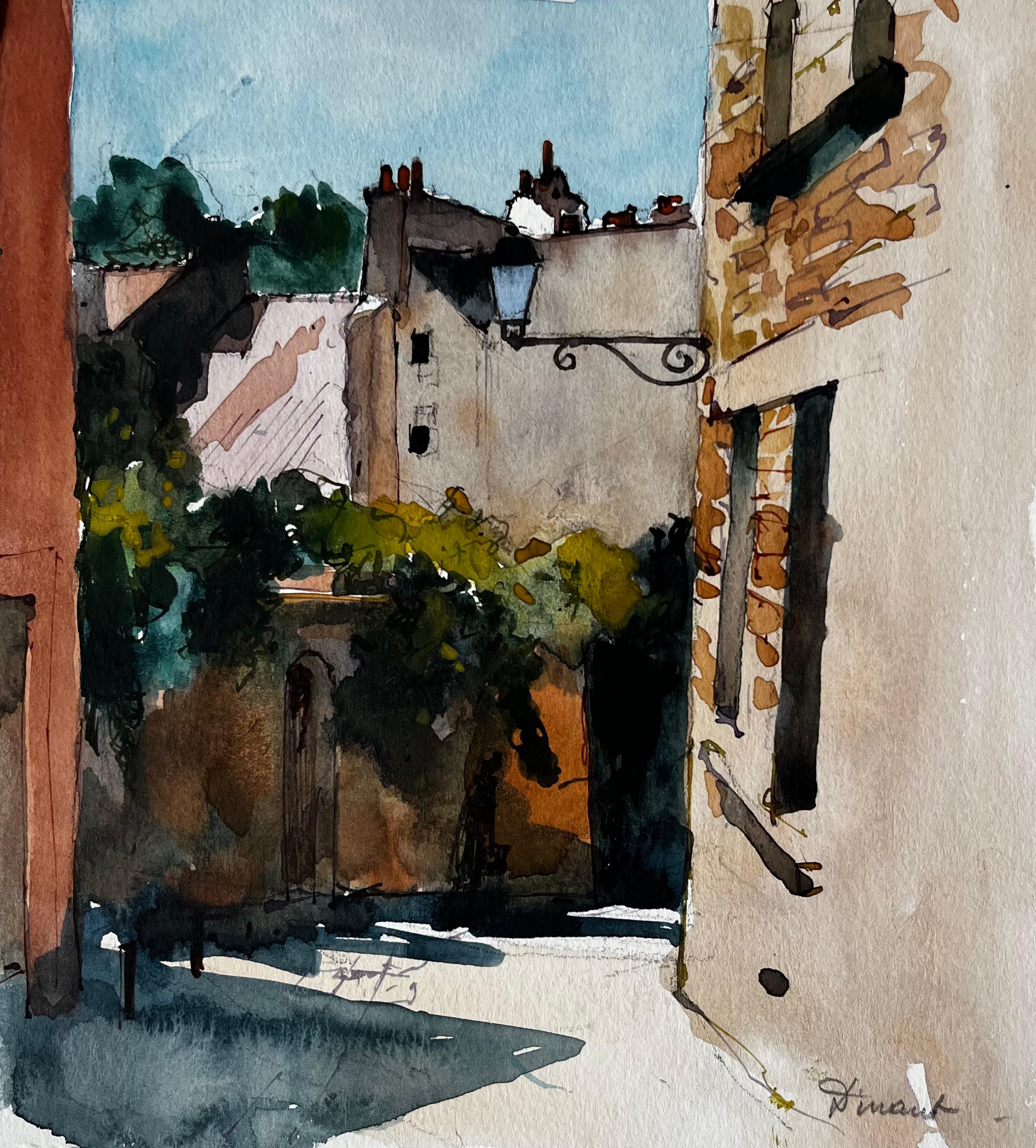 Figurative Painting di Pierre Neveu - Strada illuminata dal sole e case in pietra a Dinant Studio sulla città fluviale belga