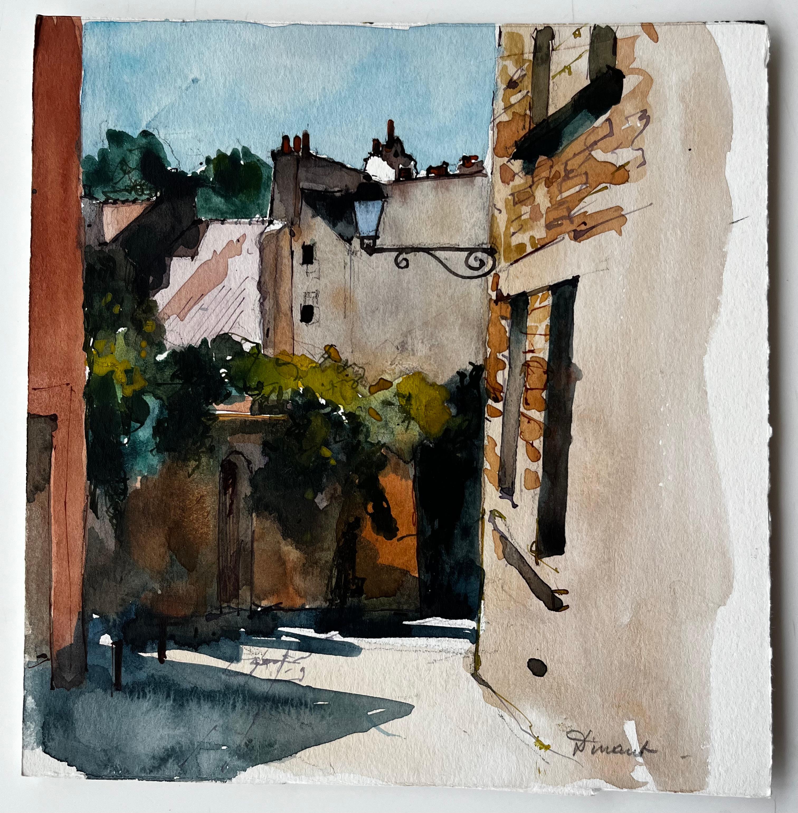 Strada illuminata dal sole e case in pietra a Dinant Studio sulla città fluviale belga - Painting di Pierre Neveu