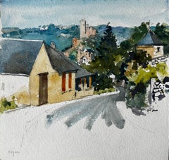 Hilltop Village View in Kayac Dordogne Countryside Watercolour Study