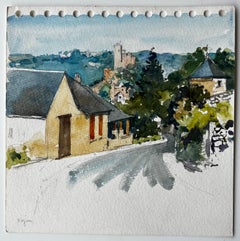 Blick auf ein Dorf auf einem Hügel in Kayac Dordogne Landleben Aquarellstudie