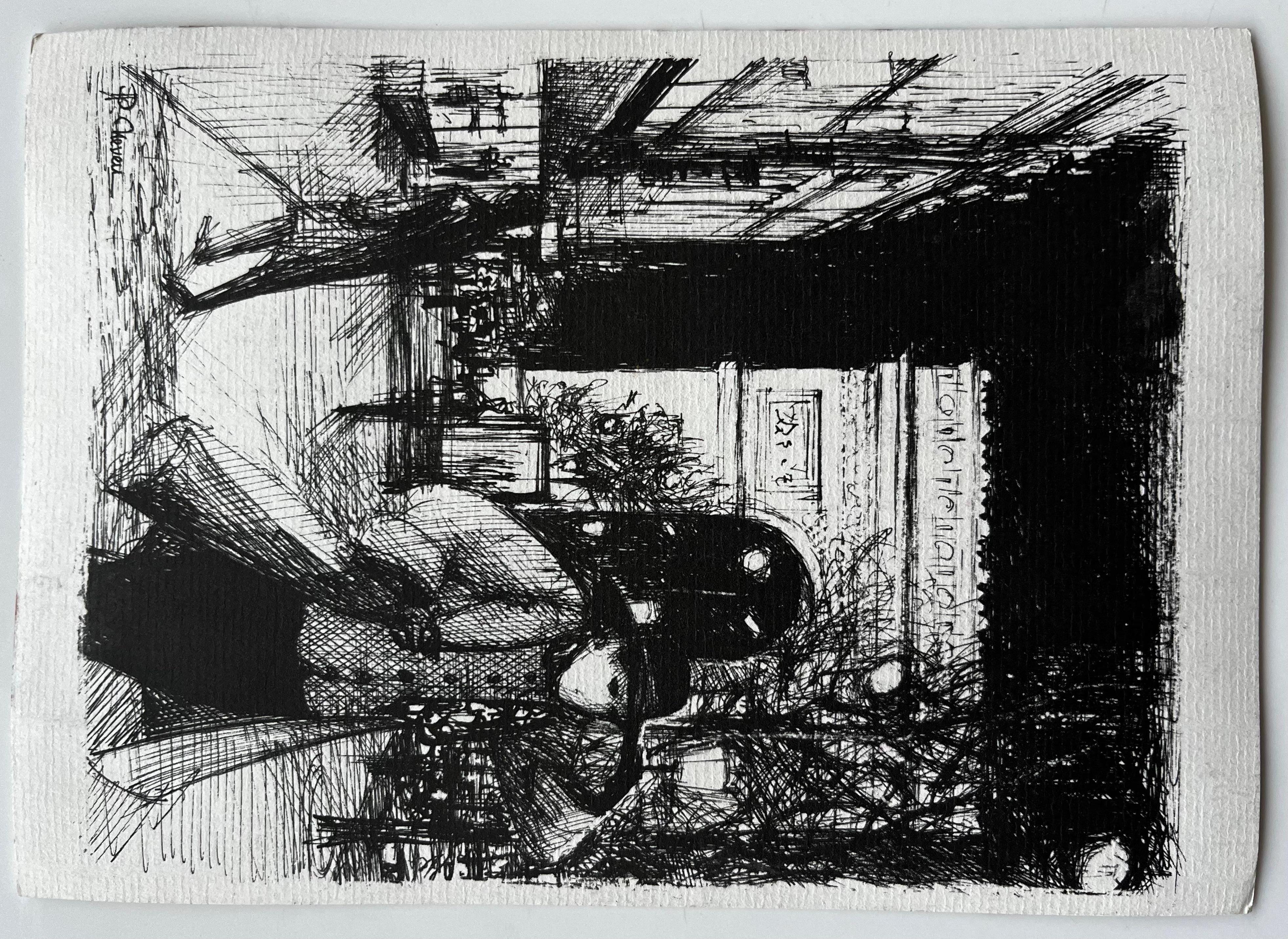 Terrazza del caffè e alberi d'autunno Villaggio provenzale Studio ad acquerello in vendita 3