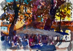 Café Terrace and Autumn Trees Provence Village Watercolour Study