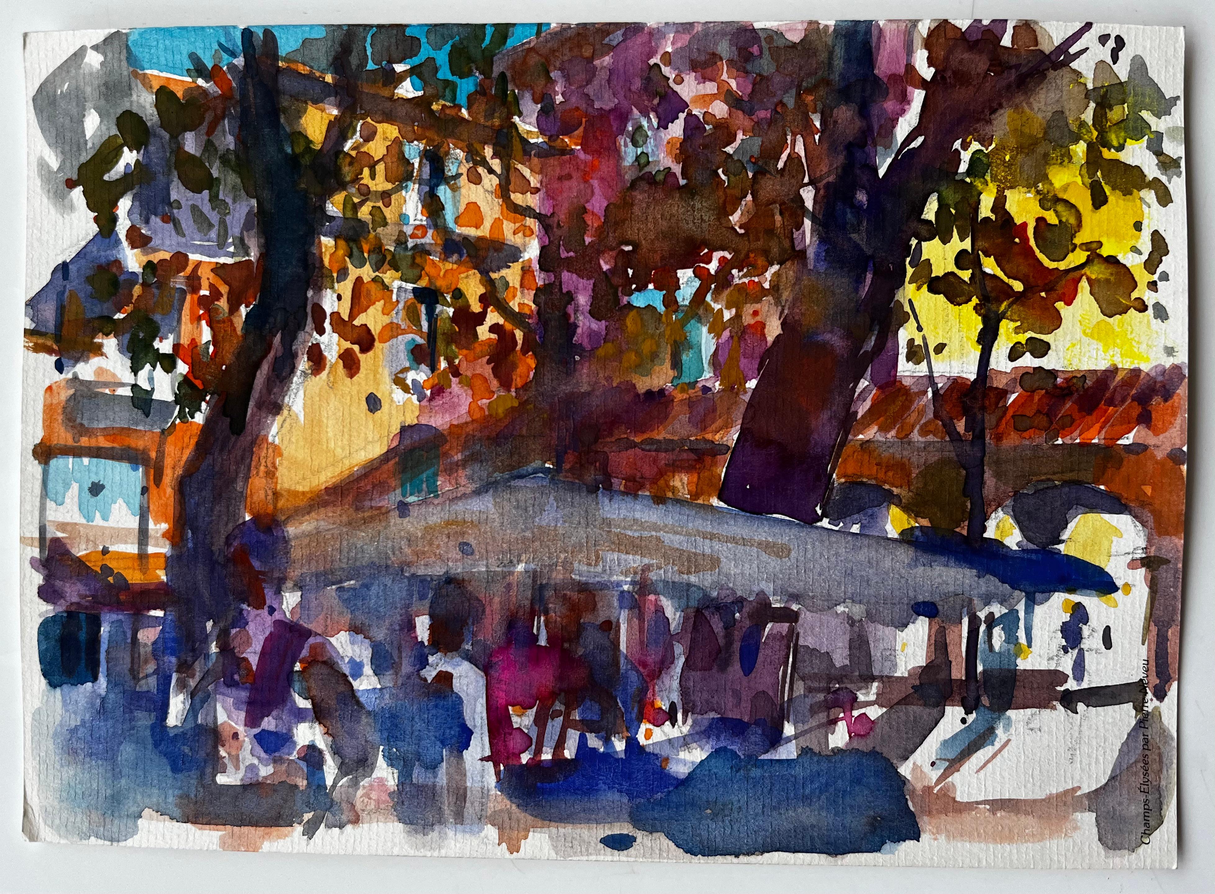 Terrazza del caffè e alberi d'autunno Villaggio provenzale Studio ad acquerello - Painting di Pierre Neveu