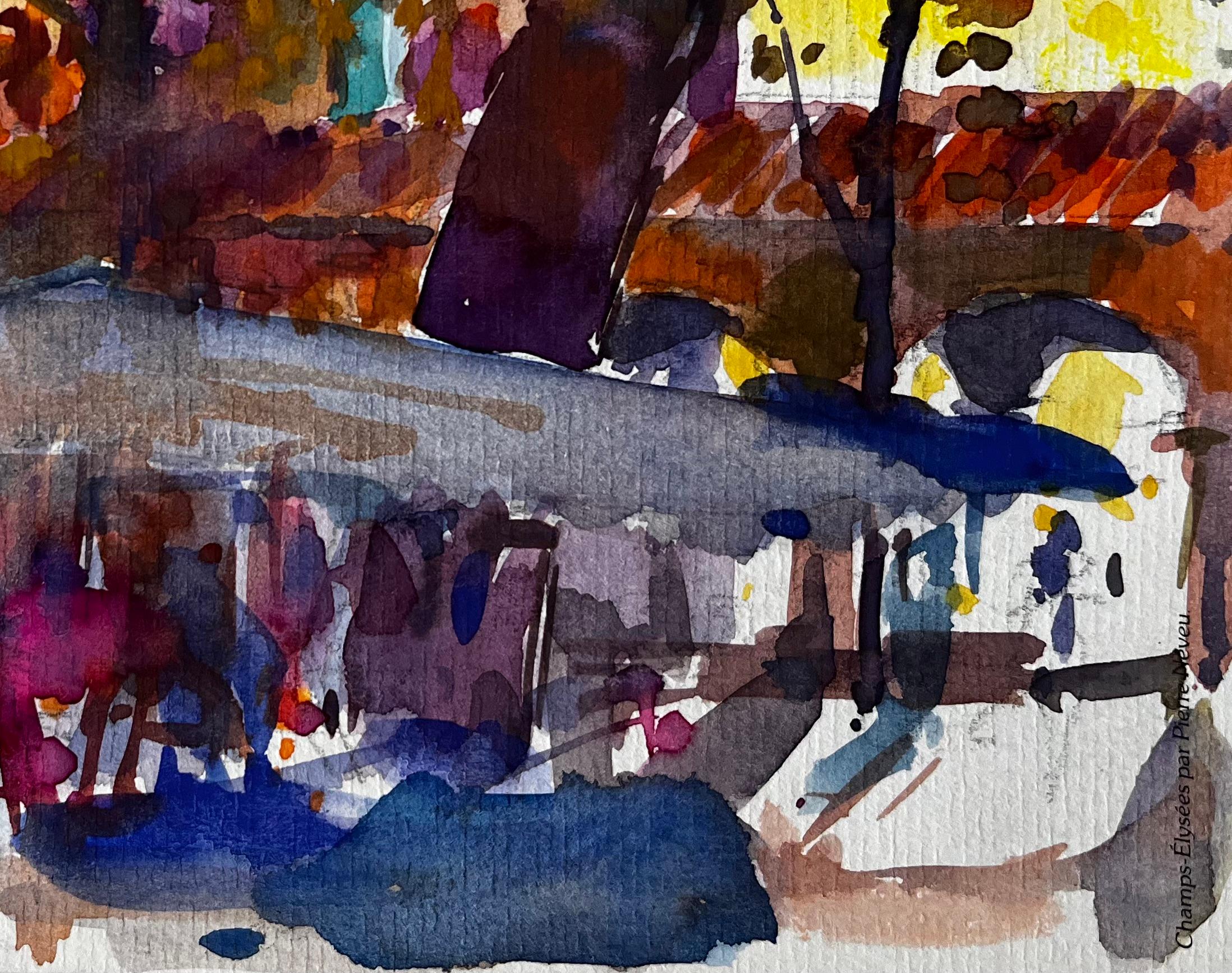 Terrazza del caffè e alberi d'autunno Villaggio provenzale Studio ad acquerello - Painting Postimpressionismo di Pierre Neveu