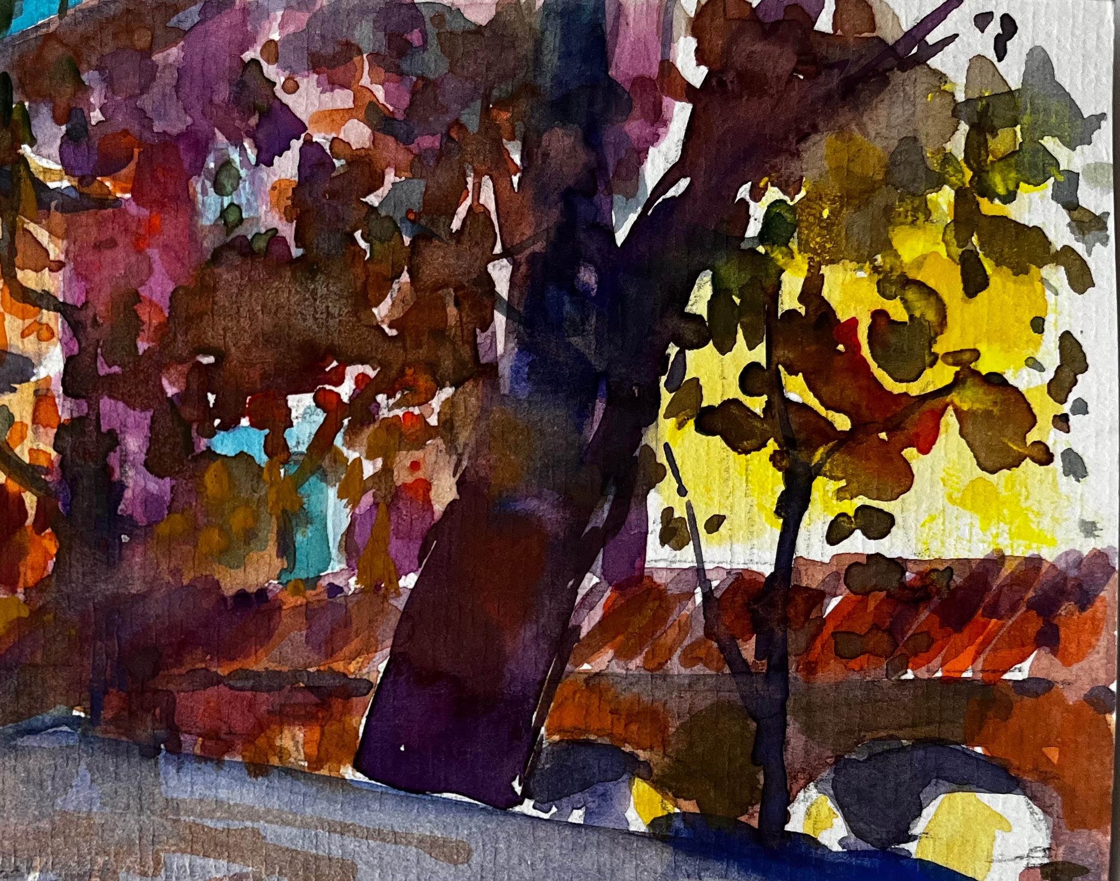 Terrazza del caffè e alberi d'autunno Villaggio provenzale Studio ad acquerello - Figurative Painting Nero di Pierre Neveu