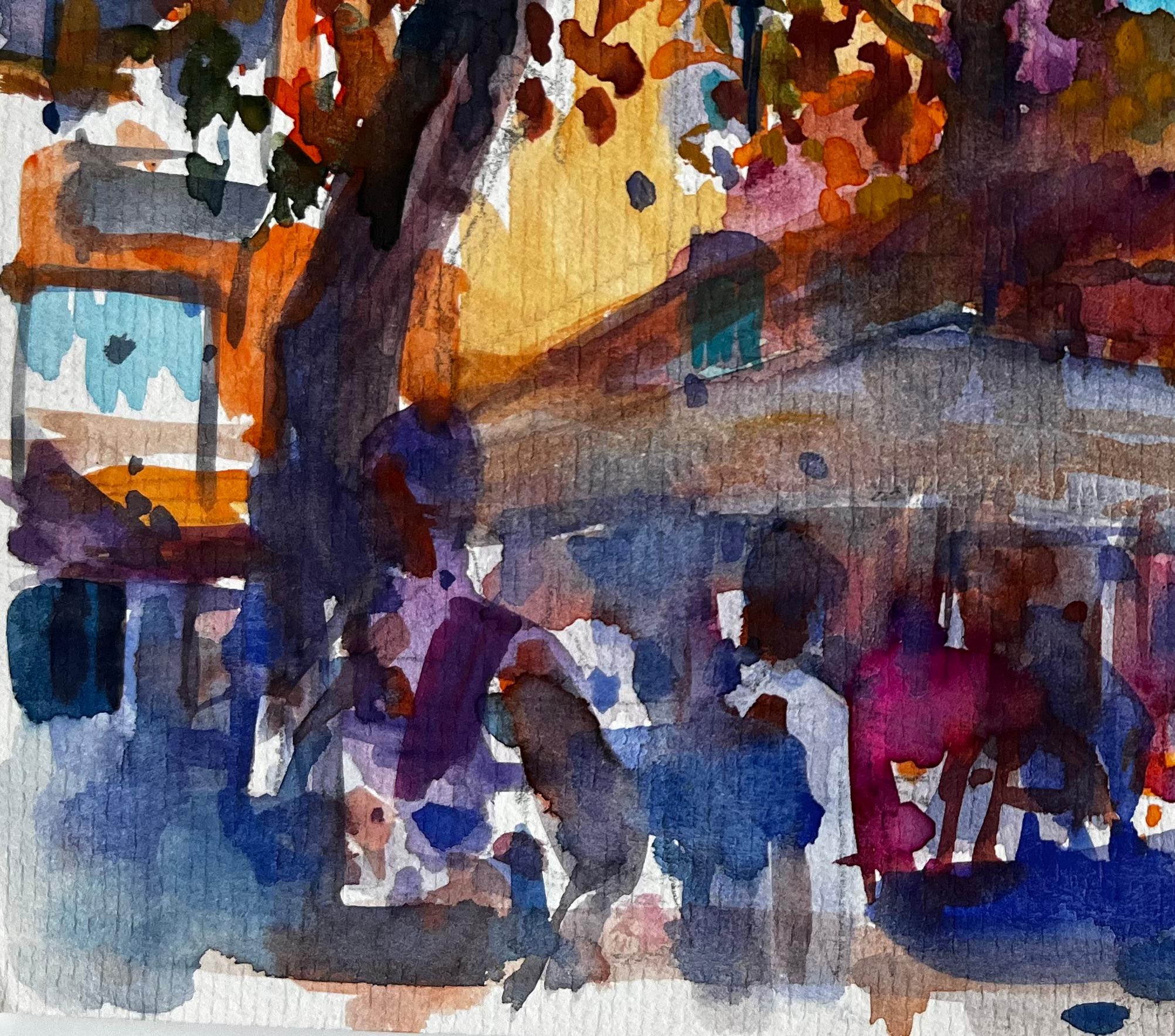 Terrazza del caffè e alberi d'autunno Villaggio provenzale Studio ad acquerello in vendita 1