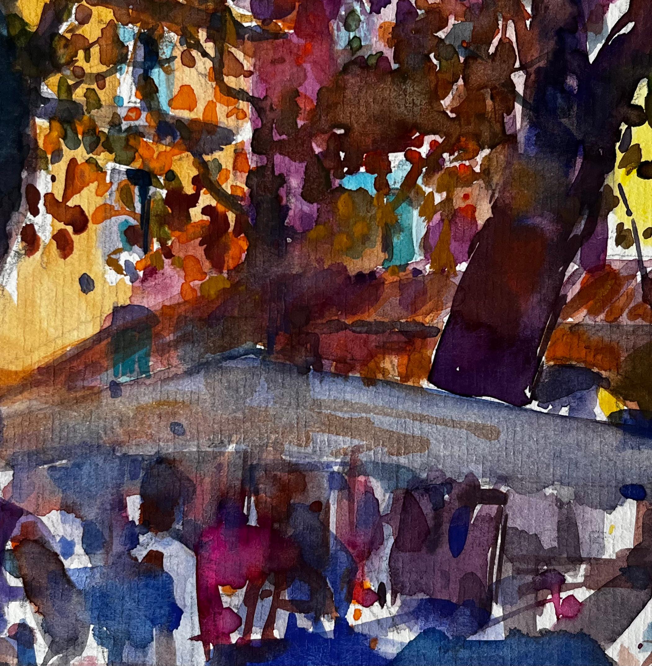 Terrazza del caffè e alberi d'autunno Villaggio provenzale Studio ad acquerello in vendita 2