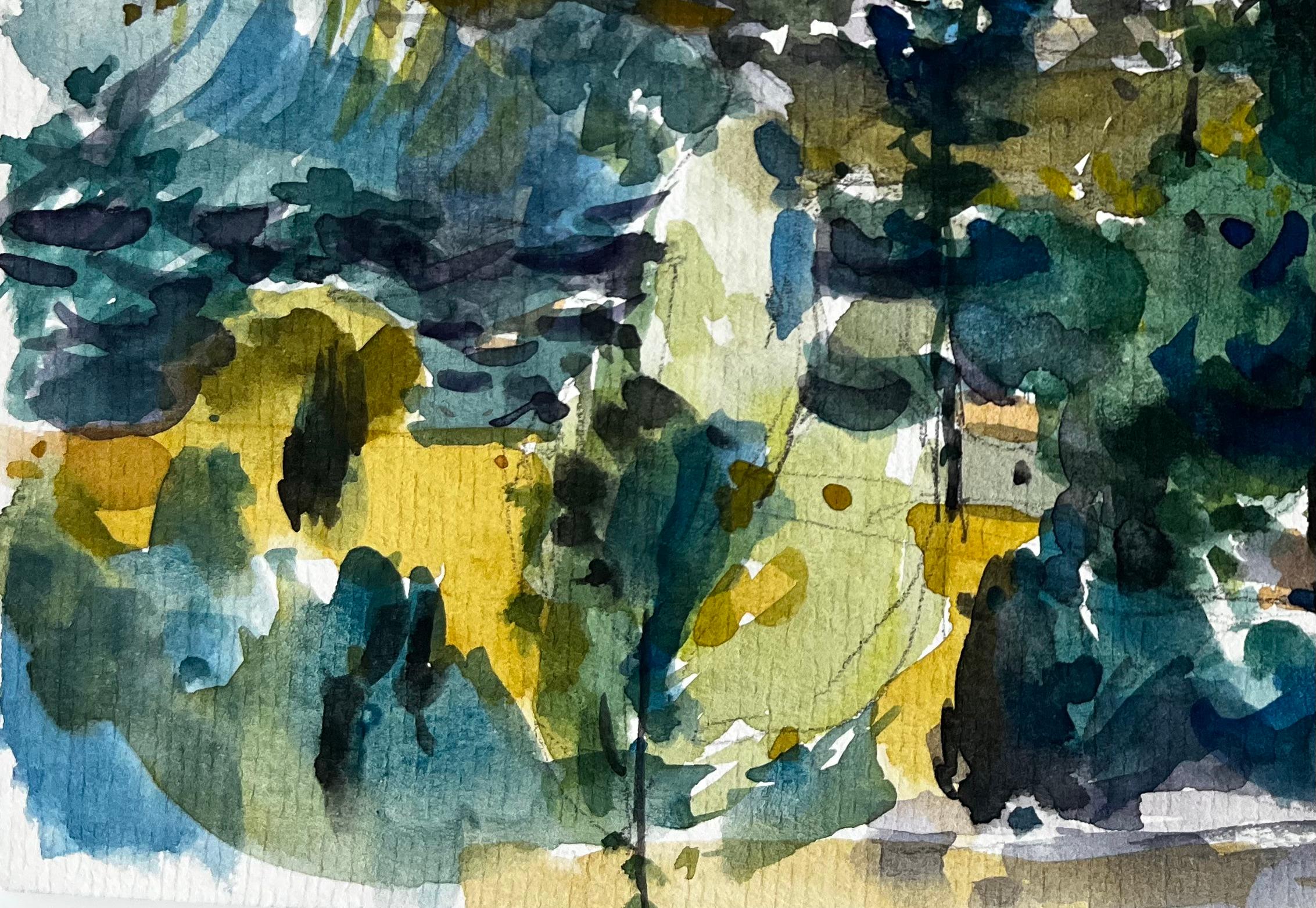 Paysage de colline de Provence avec ferme et crête lointaine Campagne française - Bleu Landscape Art par Pierre Neveu