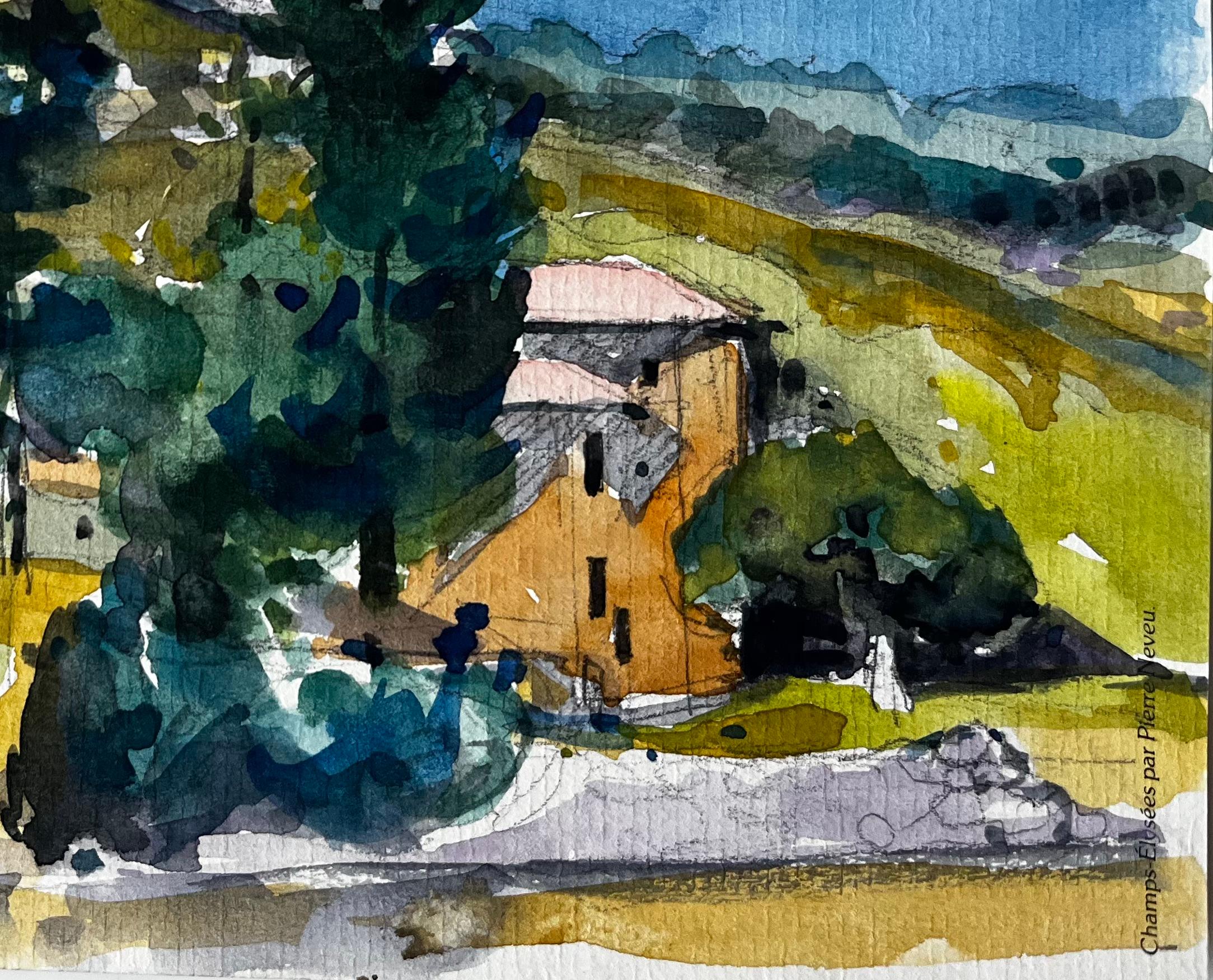 Titre : Paysage de colline de Provence avec ferme et crête lointaine Campagne française
Artistics : Pierre Neveu (français né en 1929)
Moyen d'expression : Aquarelle sur papier d'artiste, non encadrée
Taille (H x L) : 6,25 x 8,5 pouces
État : bon