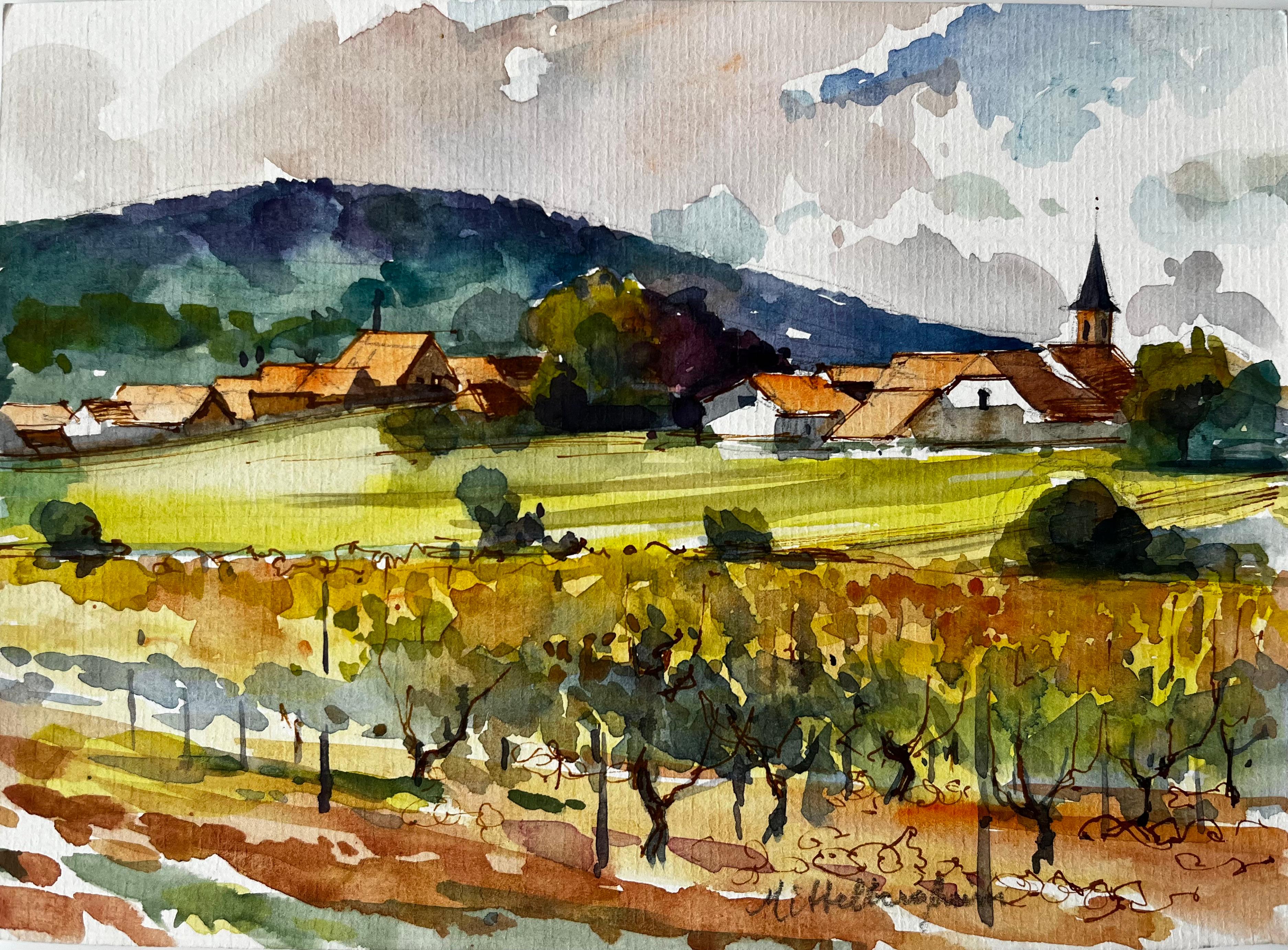 Vigneto di Mittelbergheim e paesaggio del villaggio dell
Alsazia Acquerello francese