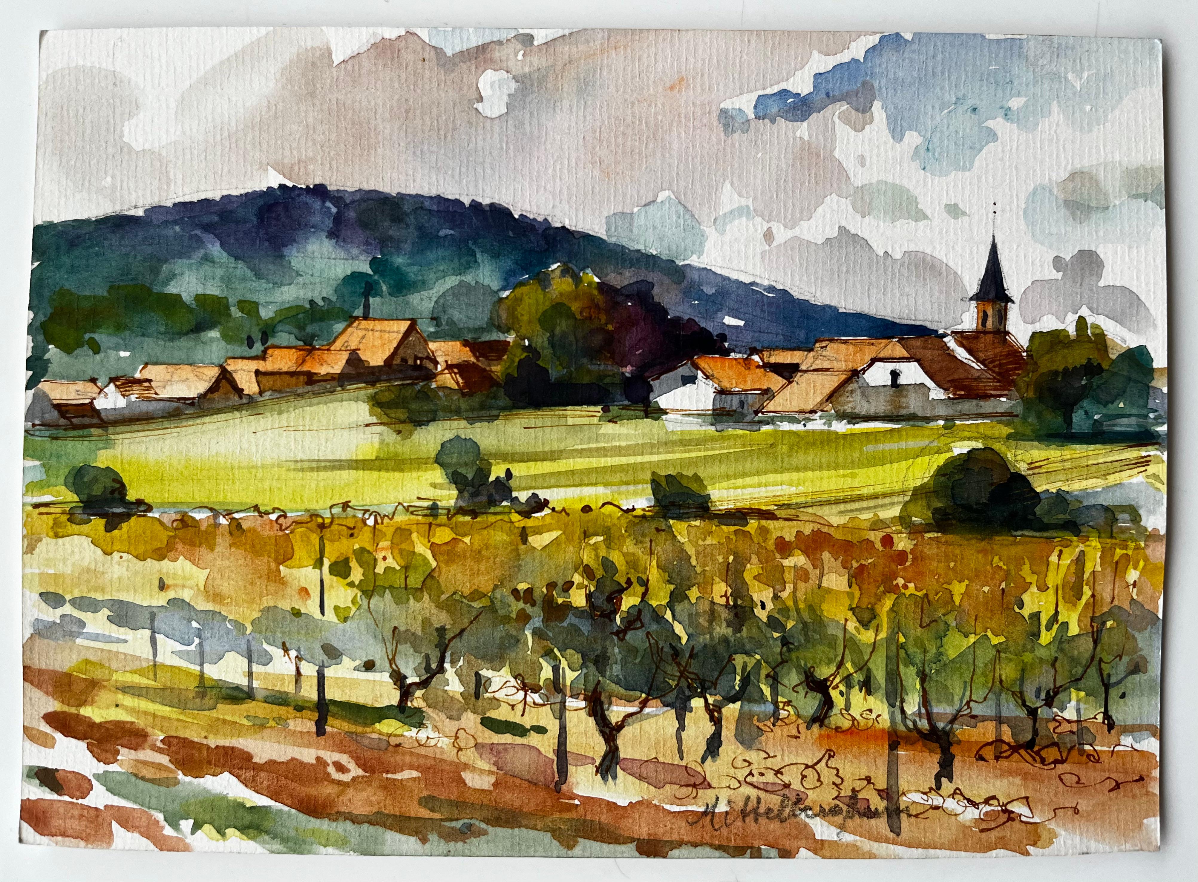 Mittelbergheim Vignoble et village Paysage d'Alsace Aquarelle française - Painting de Pierre Neveu