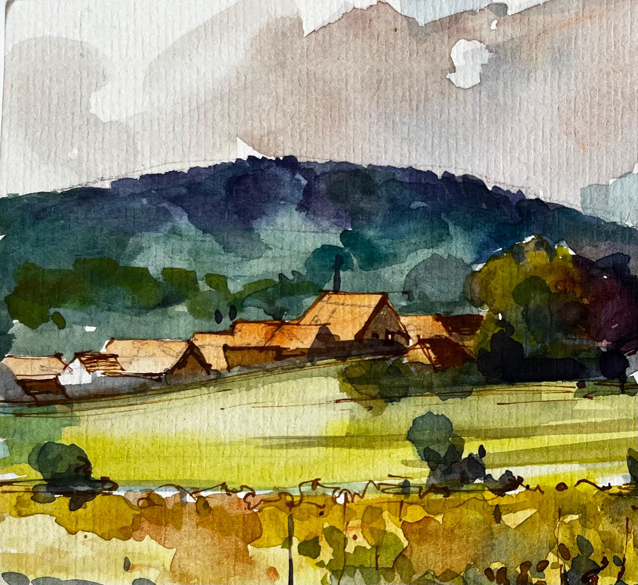 Mittelbergheim Vignoble et village Paysage d'Alsace Aquarelle française - Marron Figurative Painting par Pierre Neveu