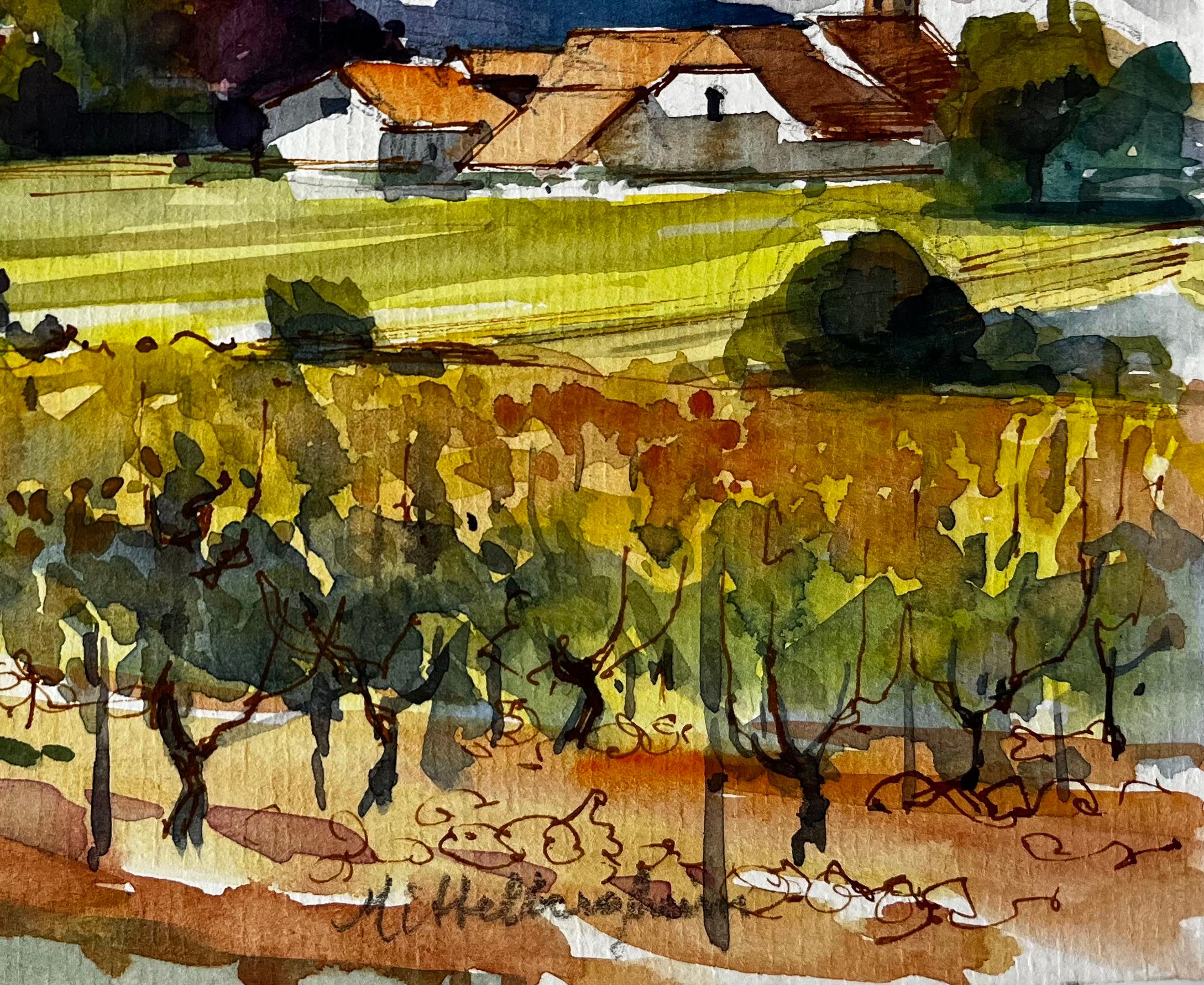 Titre : Mittelbergheim Vignoble et village Paysage d'Alsace Aquarelle française
Artistics : Pierre Neveu (français né en 1929)
Moyen d'expression : Aquarelle sur papier d'artiste, non encadrée
Taille (H x L) : 6.25 x 8.75 pouces
Signé : En bas à