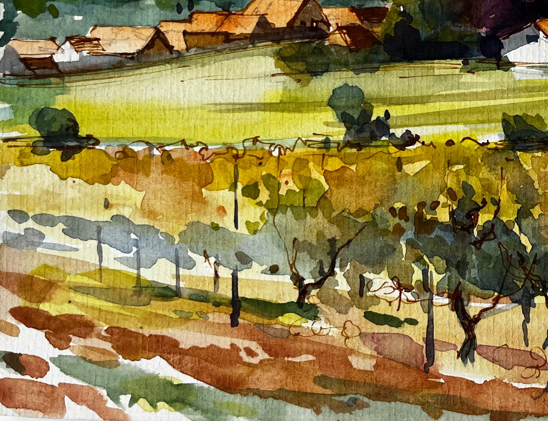 Mittelbergheim Vignoble et village Paysage d'Alsace Aquarelle française en vente 1