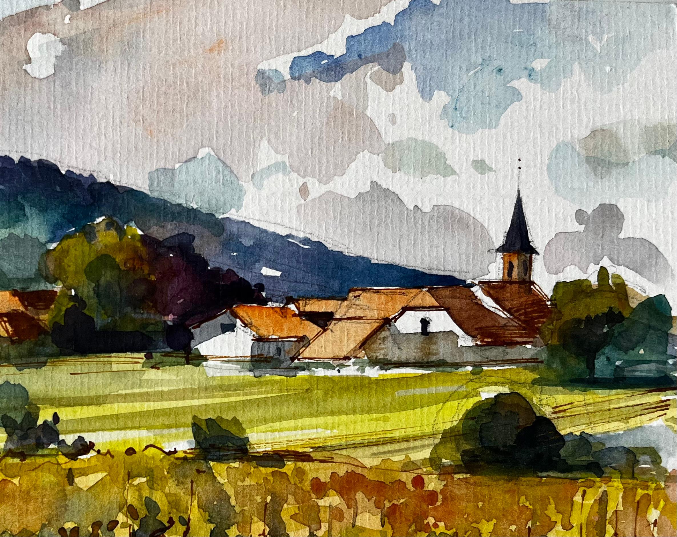 Mittelbergheim Vignoble et village Paysage d'Alsace Aquarelle française - Post-impressionnisme Painting par Pierre Neveu
