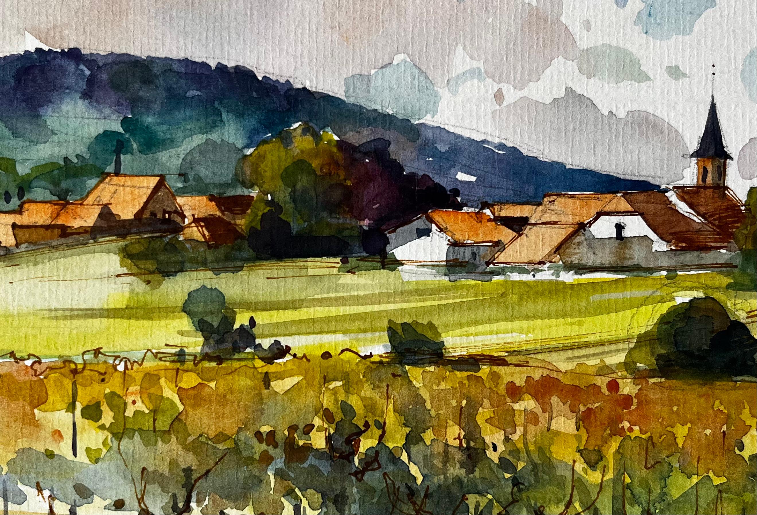 Mittelbergheim Vignoble et village Paysage d'Alsace Aquarelle française en vente 2