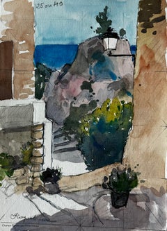Roquebrune Cap Martin Mediterranean Alleyway View French Riviera Watercolour