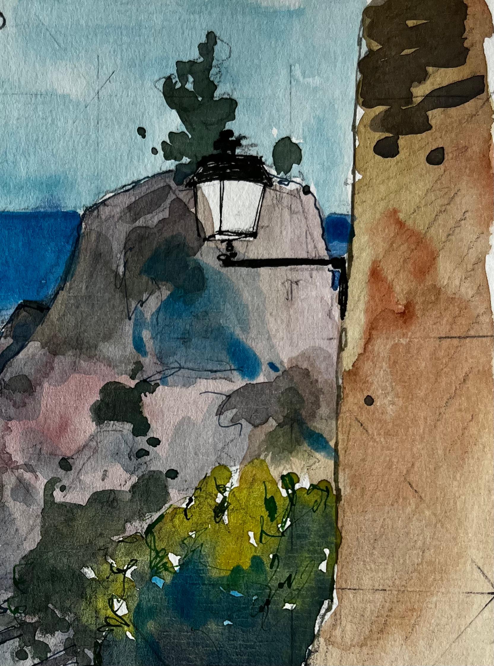 Roquebrune Cap Martin Mediterranean Alleyway View French Riviera Watercolour - Post-Impressionist Painting by Pierre Neveu