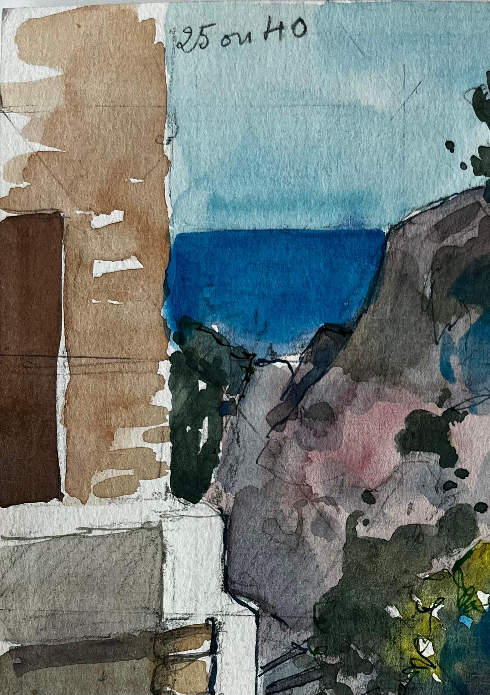 Roquebrune Cap Martin Mediterranean Alleyway View French Riviera Watercolour For Sale 1