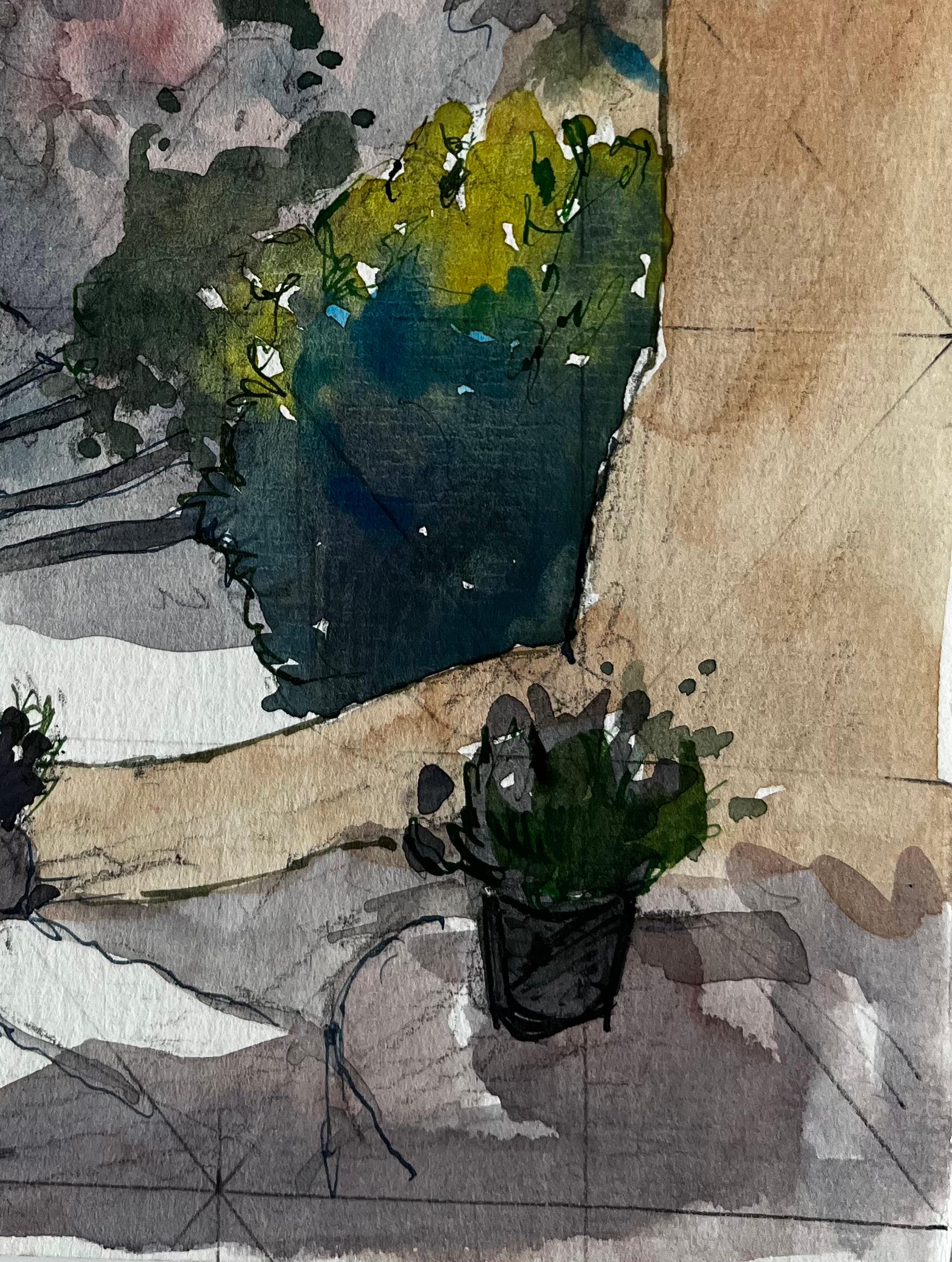 Roquebrune Cap Martin Mediterranean Alleyway View French Riviera Watercolour - Gray Figurative Painting by Pierre Neveu