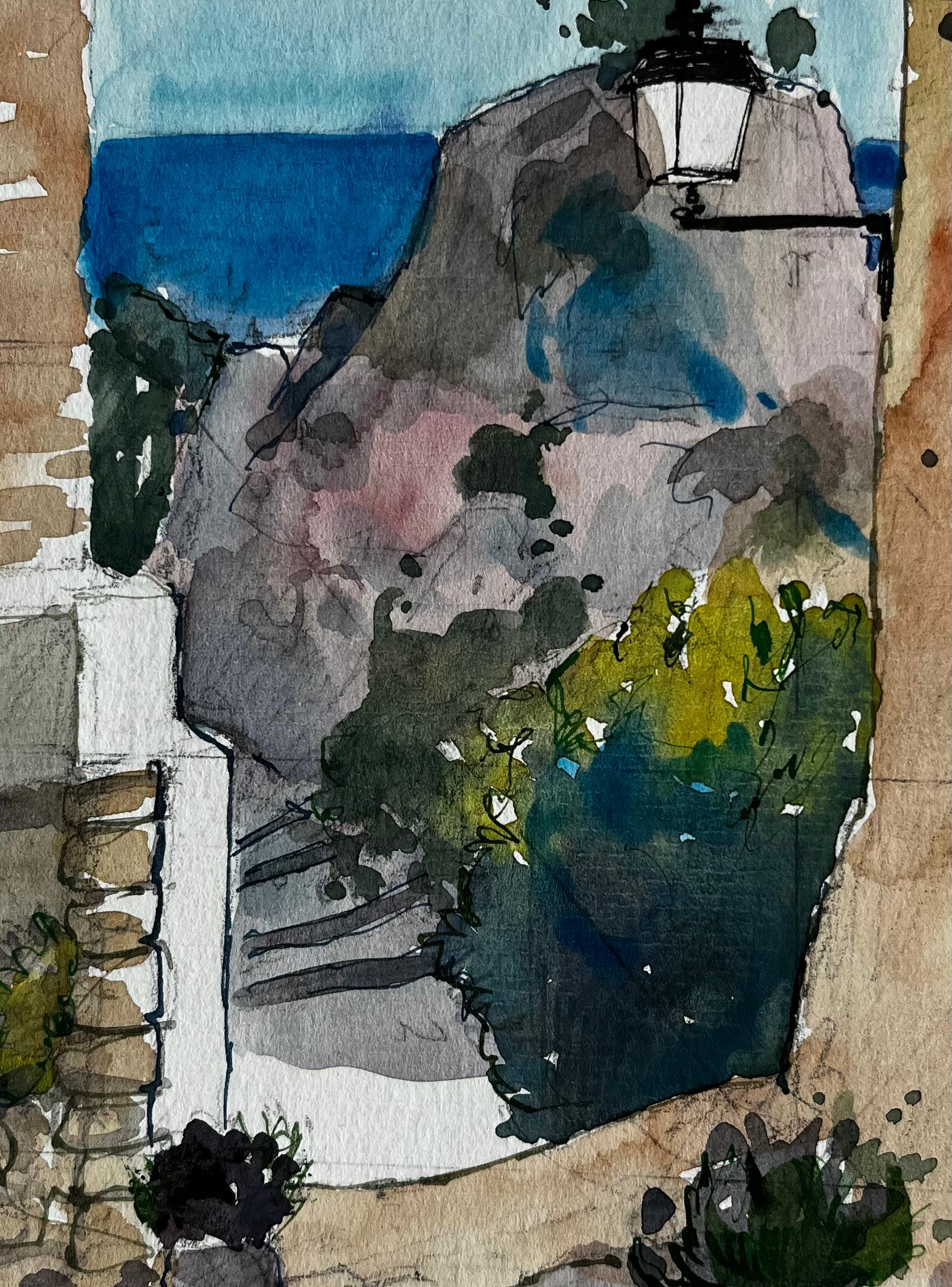 Roquebrune Cap Martin Mediterranean Alleyway View French Riviera Watercolour For Sale 2