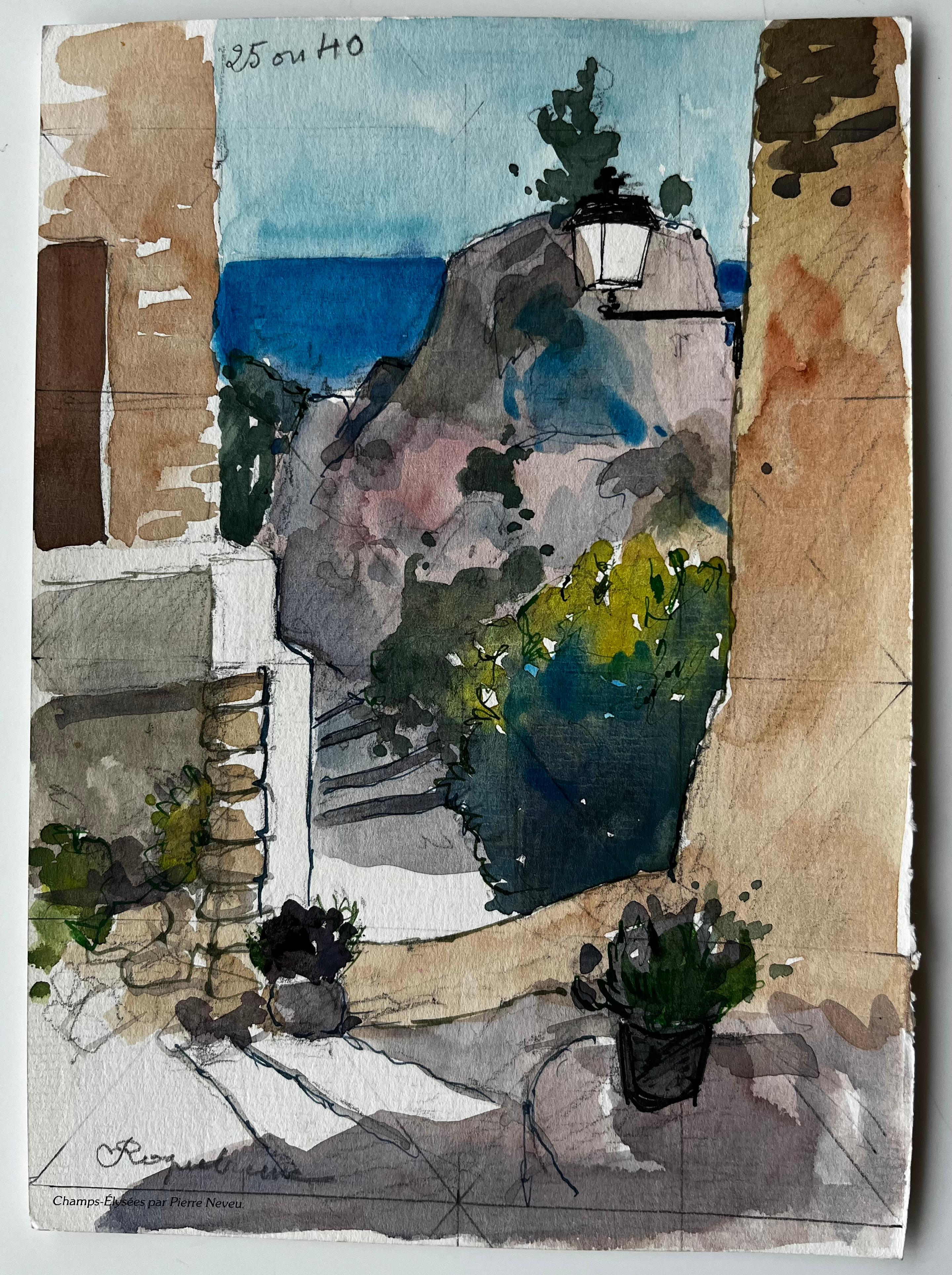 Roquebrune Cap Martin Mediterranean Alleyway View French Riviera Watercolour - Painting by Pierre Neveu
