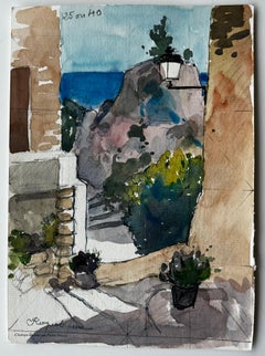 Roquebrune Cap Martin Mediterranean Alleyway View French Riviera Watercolour