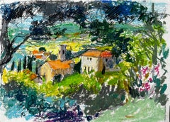 Paysage de village provençal avec toits rouges et cyprès Dessin au pastel