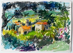 Paesaggio di villaggio provenzale con tetti rossi e cipressi Disegno a pastello