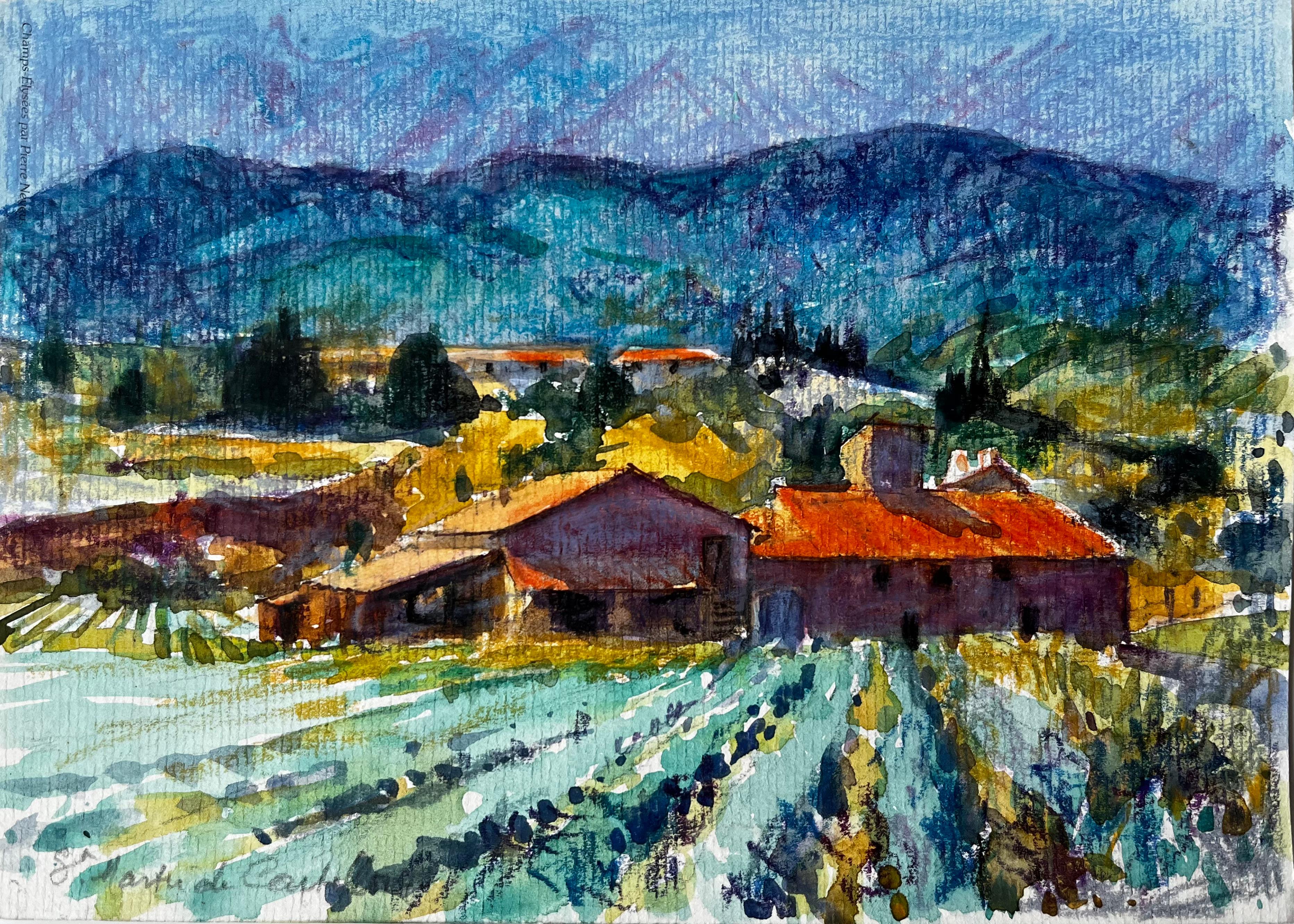 Saint Martin de Castillon Provence Mas et champs de lavande Aquarelle