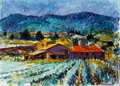 Saint Martin de Castillon Provence Farmhouse and Lavender Fields Watercolour