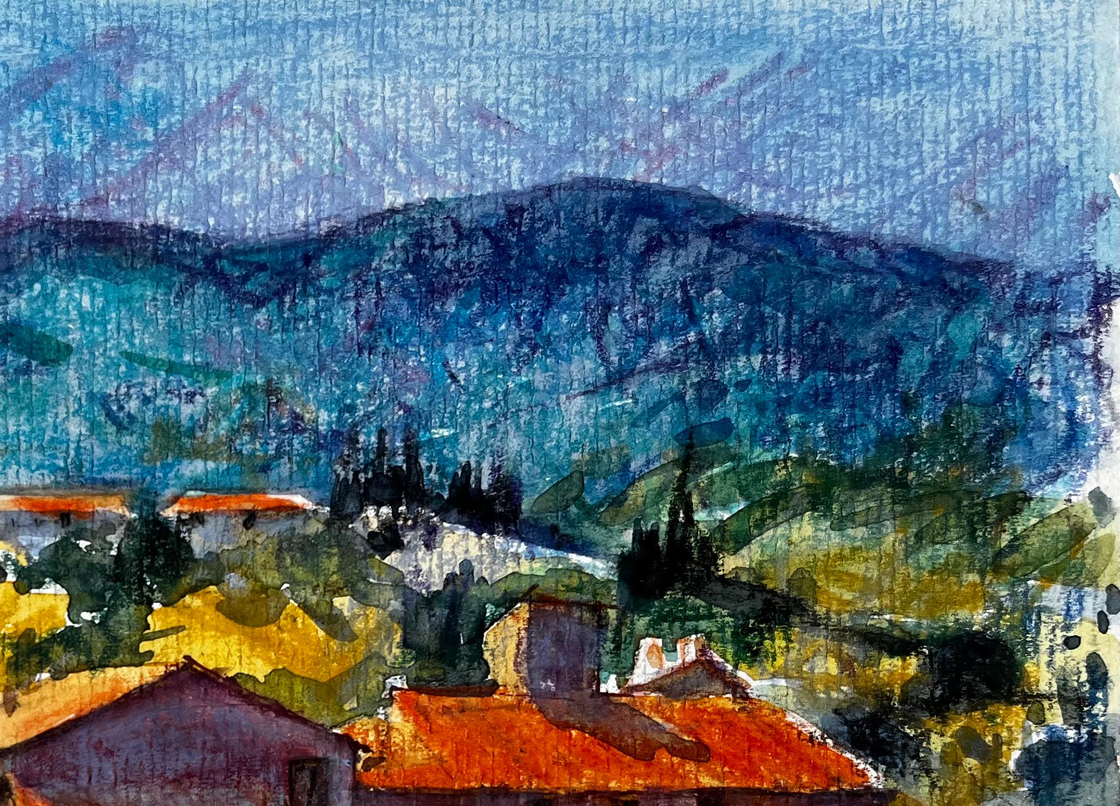 Saint Martin de Castillon Provence Mas et champs de lavande Aquarelle - Gris Figurative Painting par Pierre Neveu