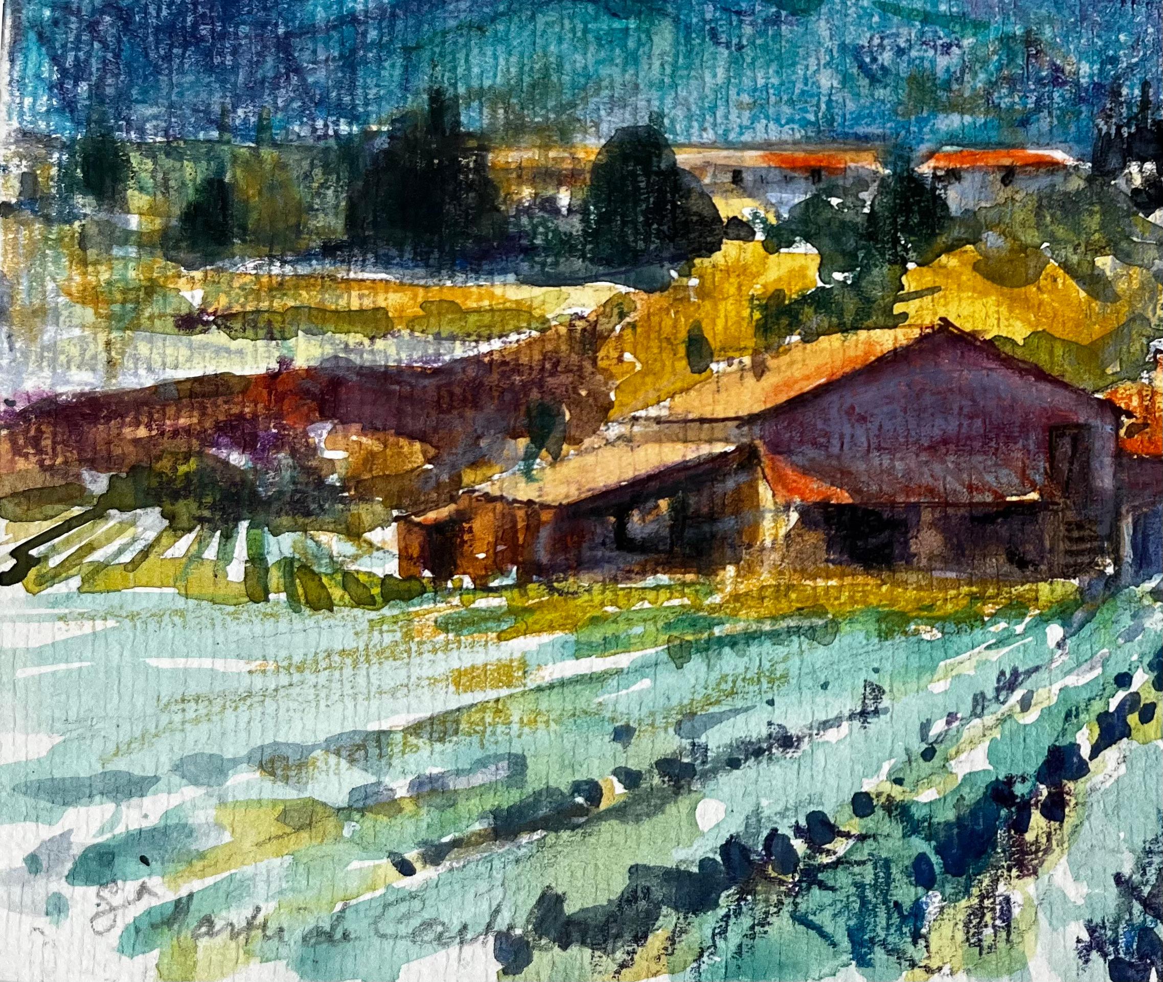 Saint Martin de Castillon Provence Mas et champs de lavande Aquarelle en vente 1