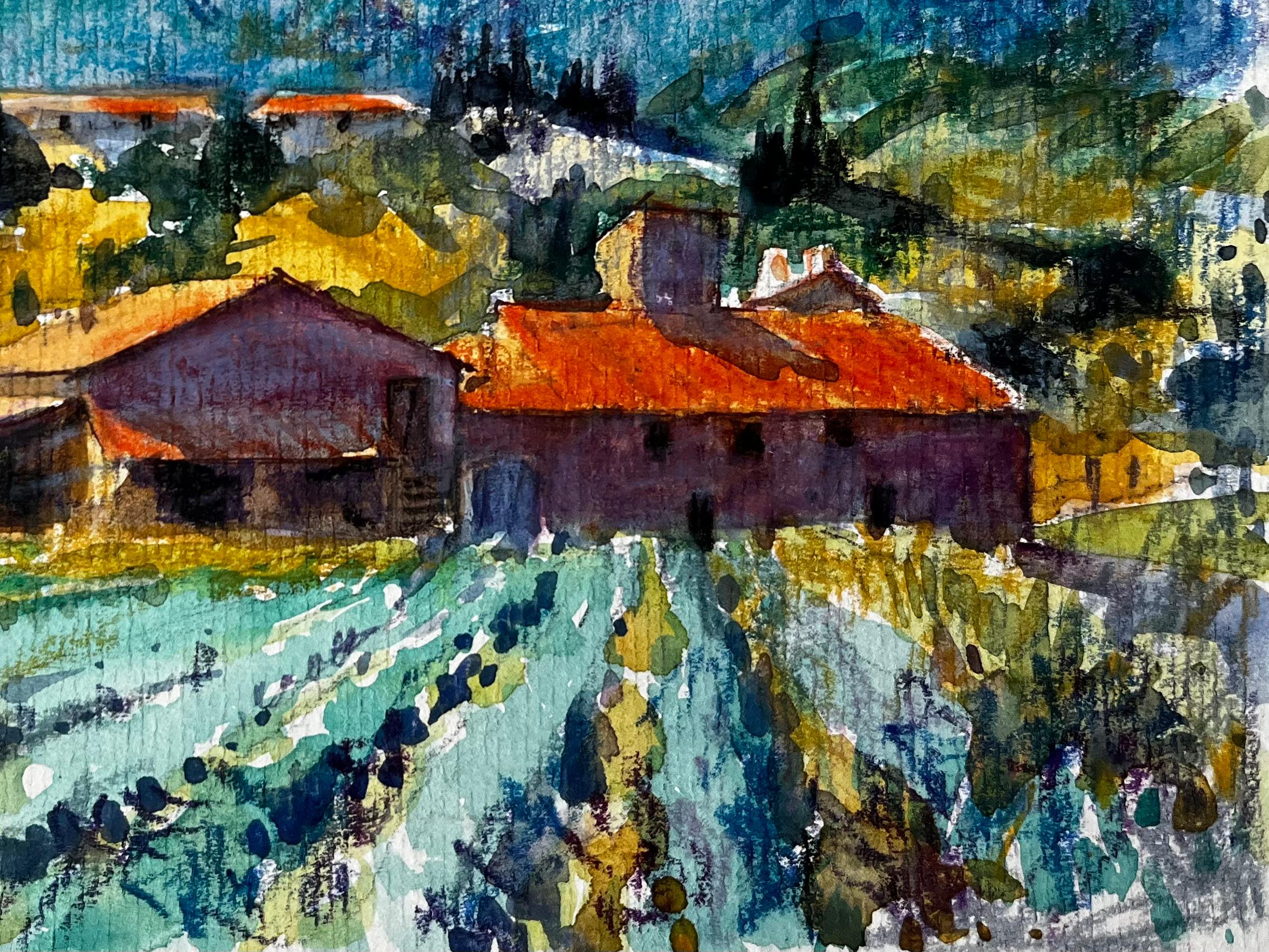 Saint Martin de Castillon Provence Mas et champs de lavande Aquarelle - Post-impressionnisme Painting par Pierre Neveu