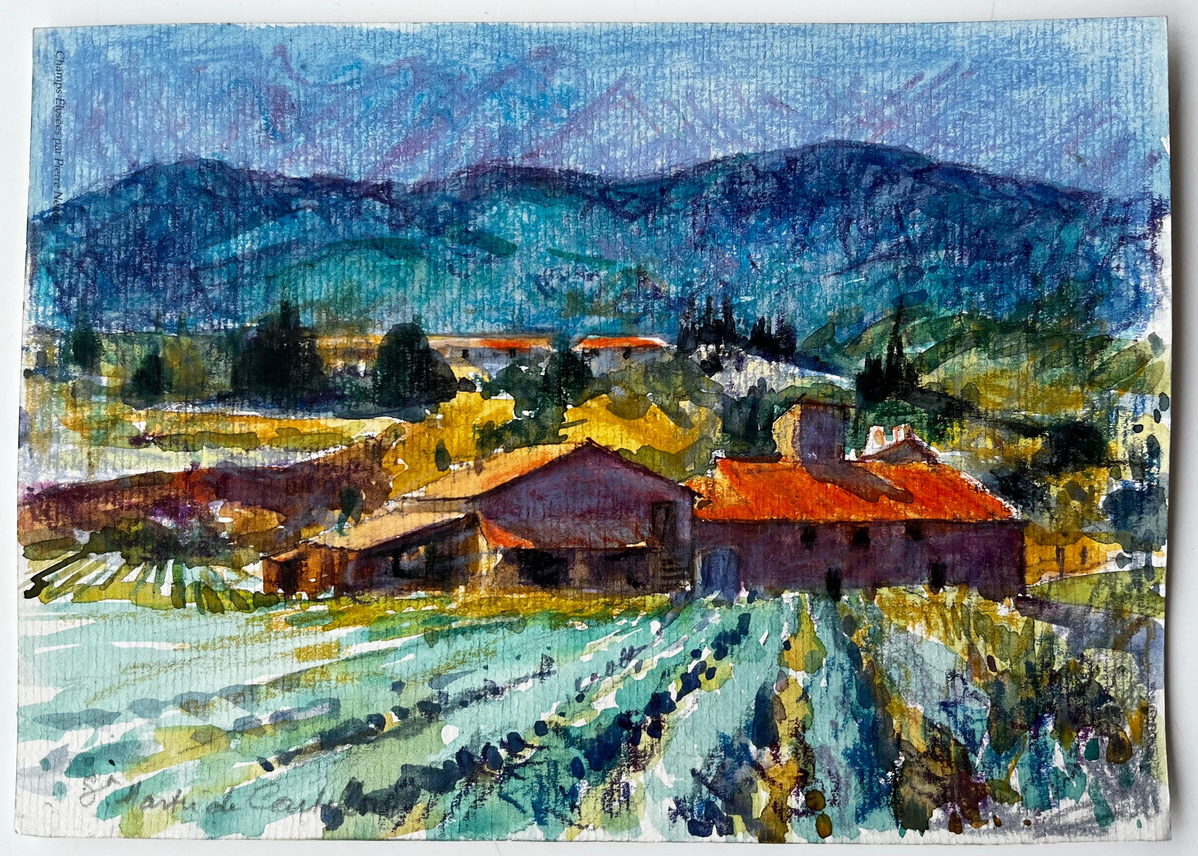 Saint Martin de Castillon Provence Mas et champs de lavande Aquarelle - Painting de Pierre Neveu