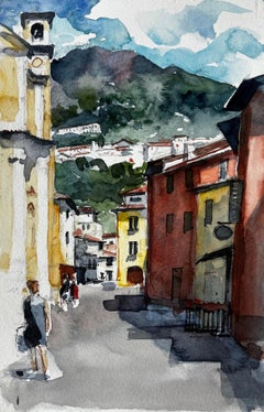 Scène de rue dans une colline italienne avec tour d'église et vue sur la montagne Aquarelle