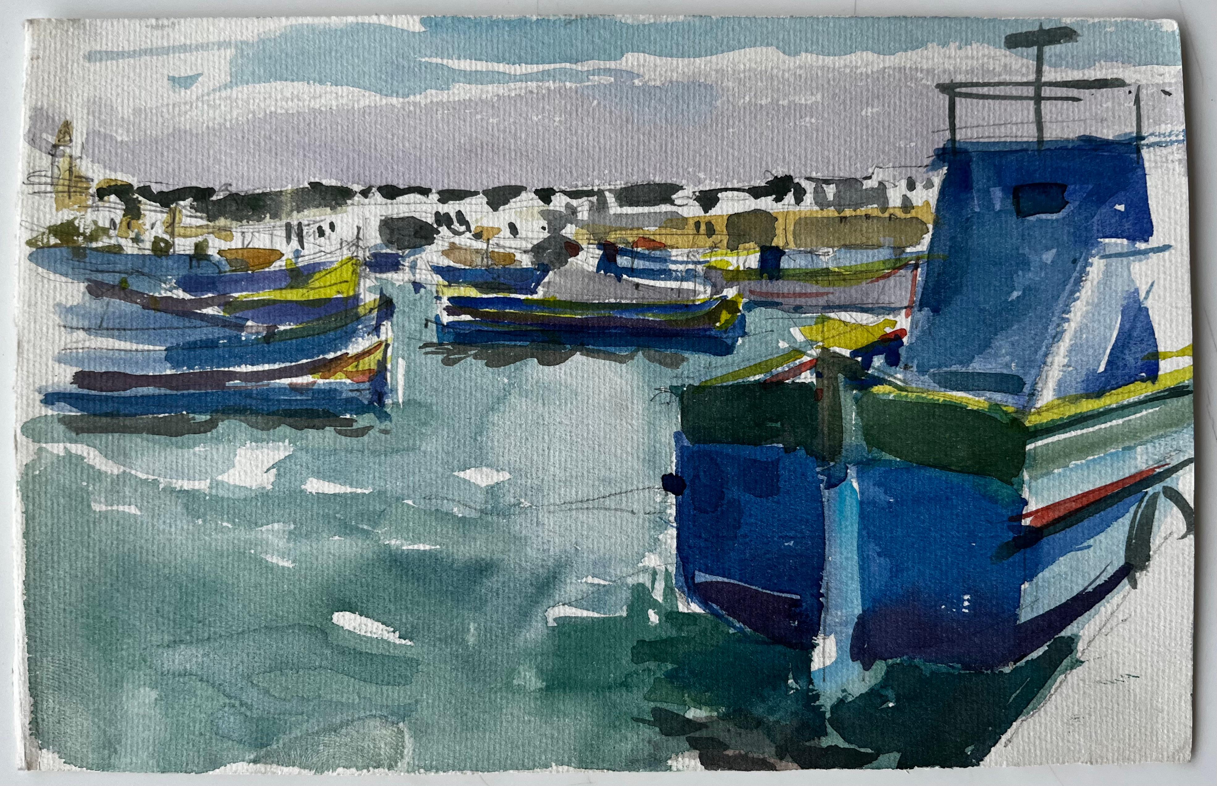 Bateaux de pêche méditerranéens Scène portuaire Aquarelle côtière de Pierre Neveu en vente 1