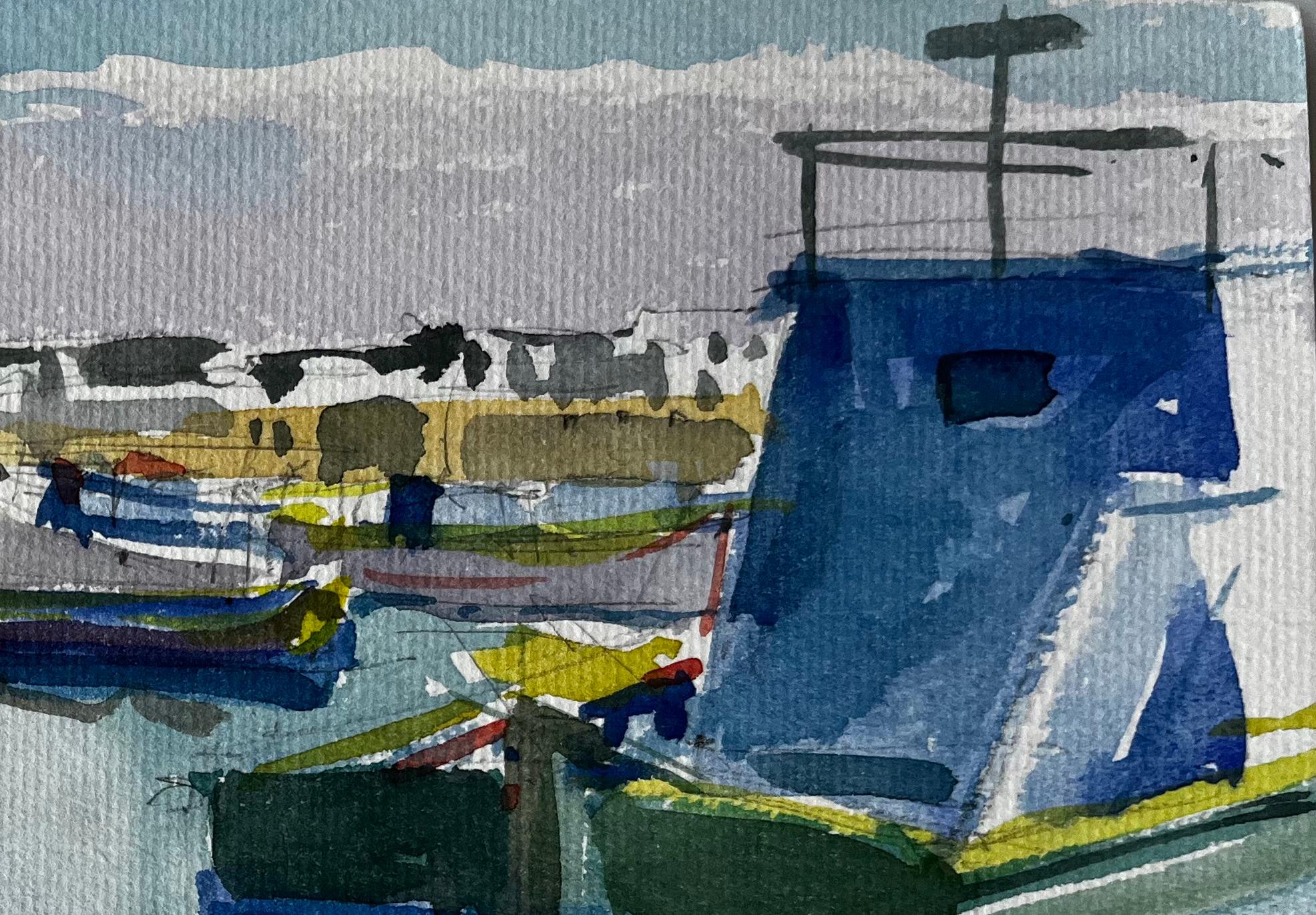 Bateaux de pêche méditerranéens Scène portuaire Aquarelle côtière de Pierre Neveu en vente 3