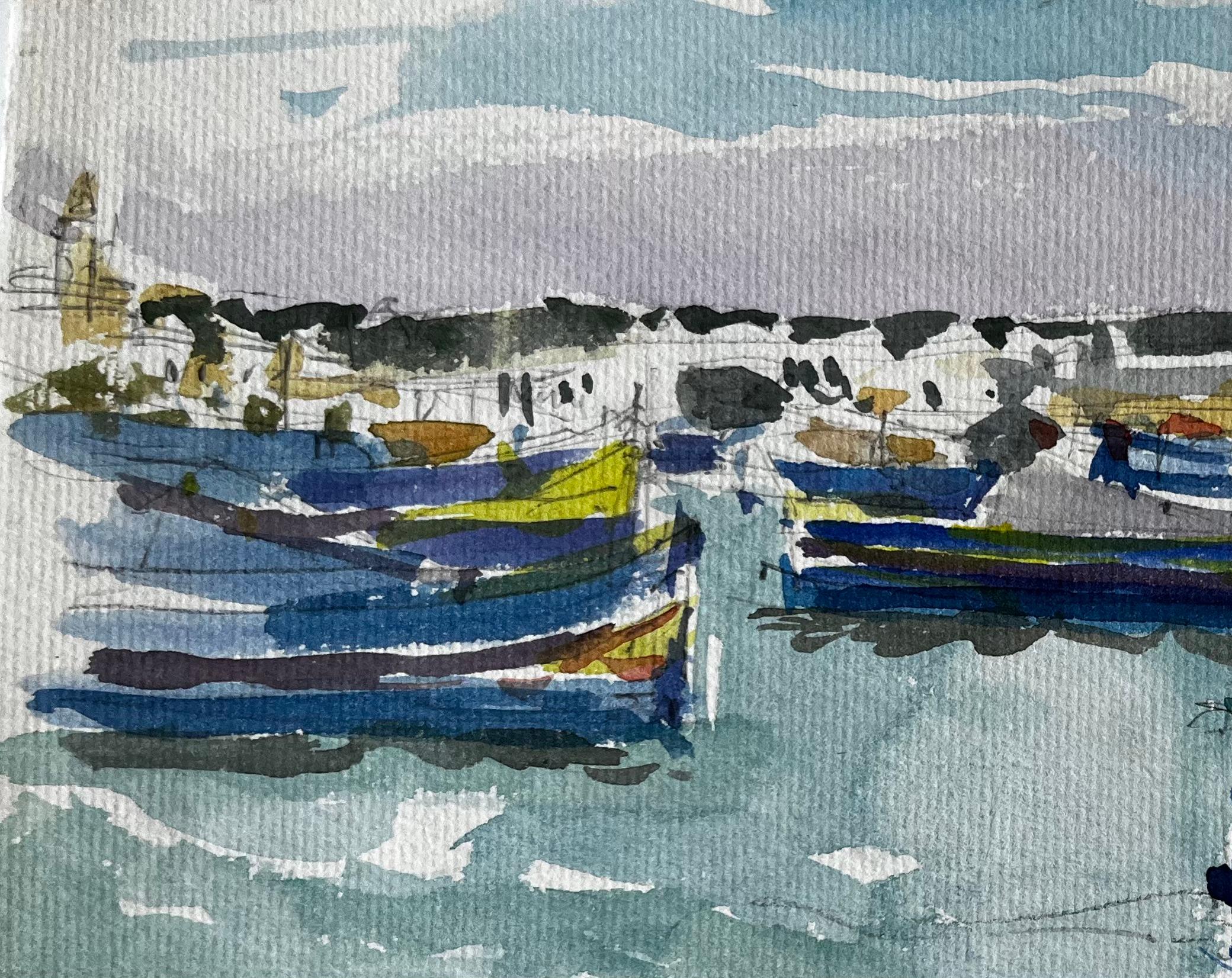 Bateaux de pêche méditerranéens Scène portuaire Aquarelle côtière de Pierre Neveu en vente 4