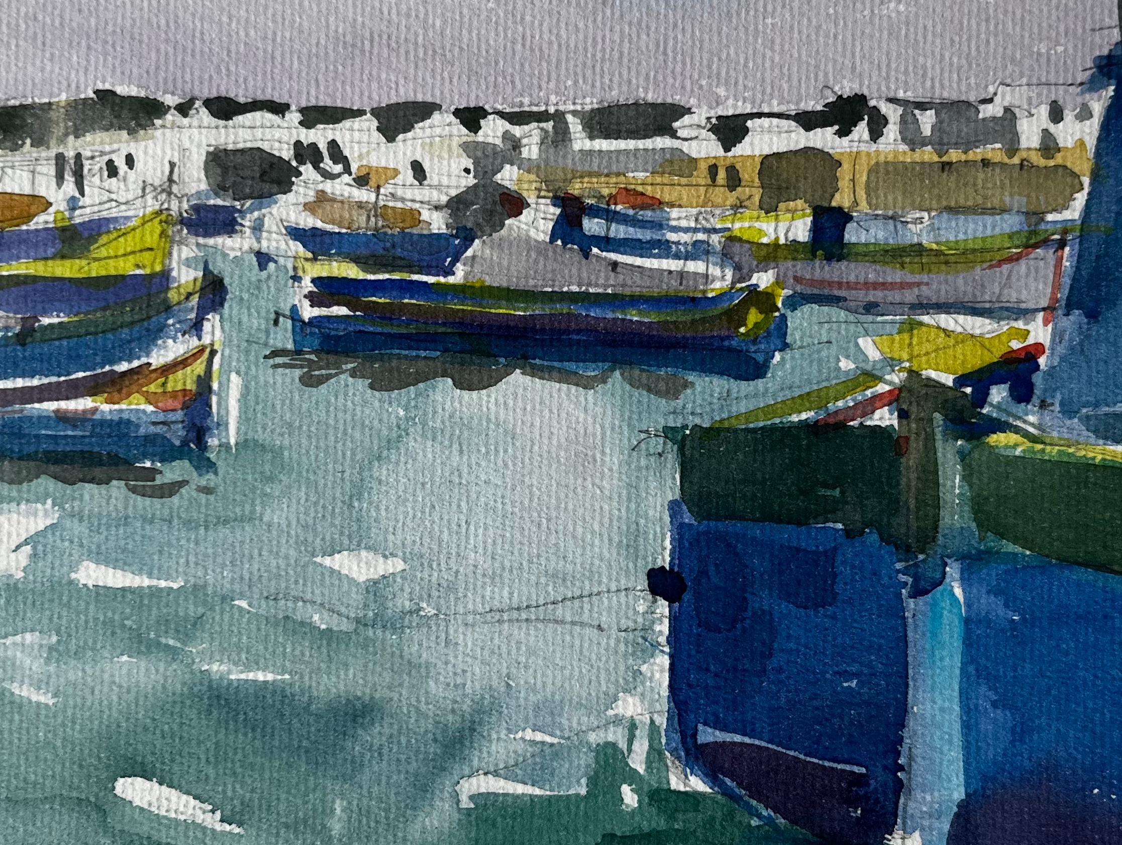 Bateaux de pêche méditerranéens Scène portuaire Aquarelle côtière de Pierre Neveu en vente 6